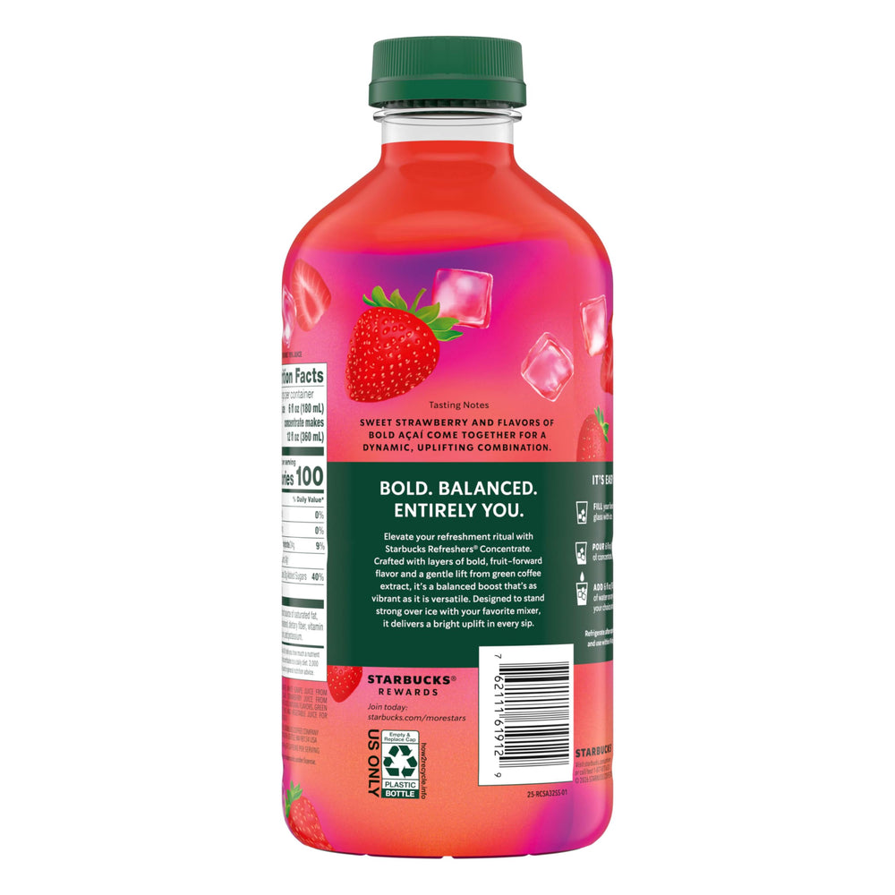 Starbucks Refreshers Strawberry Acai bottle close-up highlighting real fruit flavor