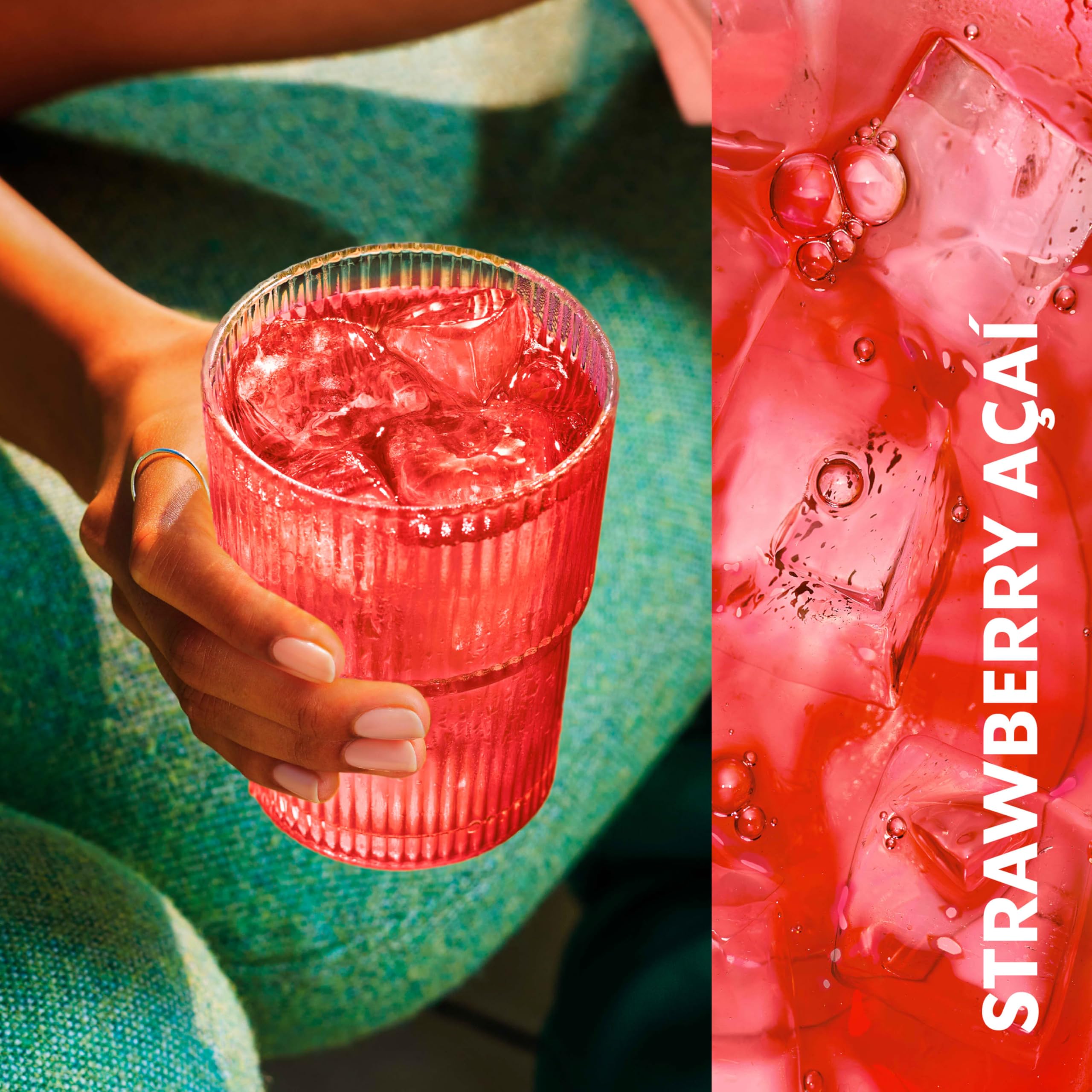 Starbucks Refreshers Strawberry Acai glass on ice for a refreshing moment
