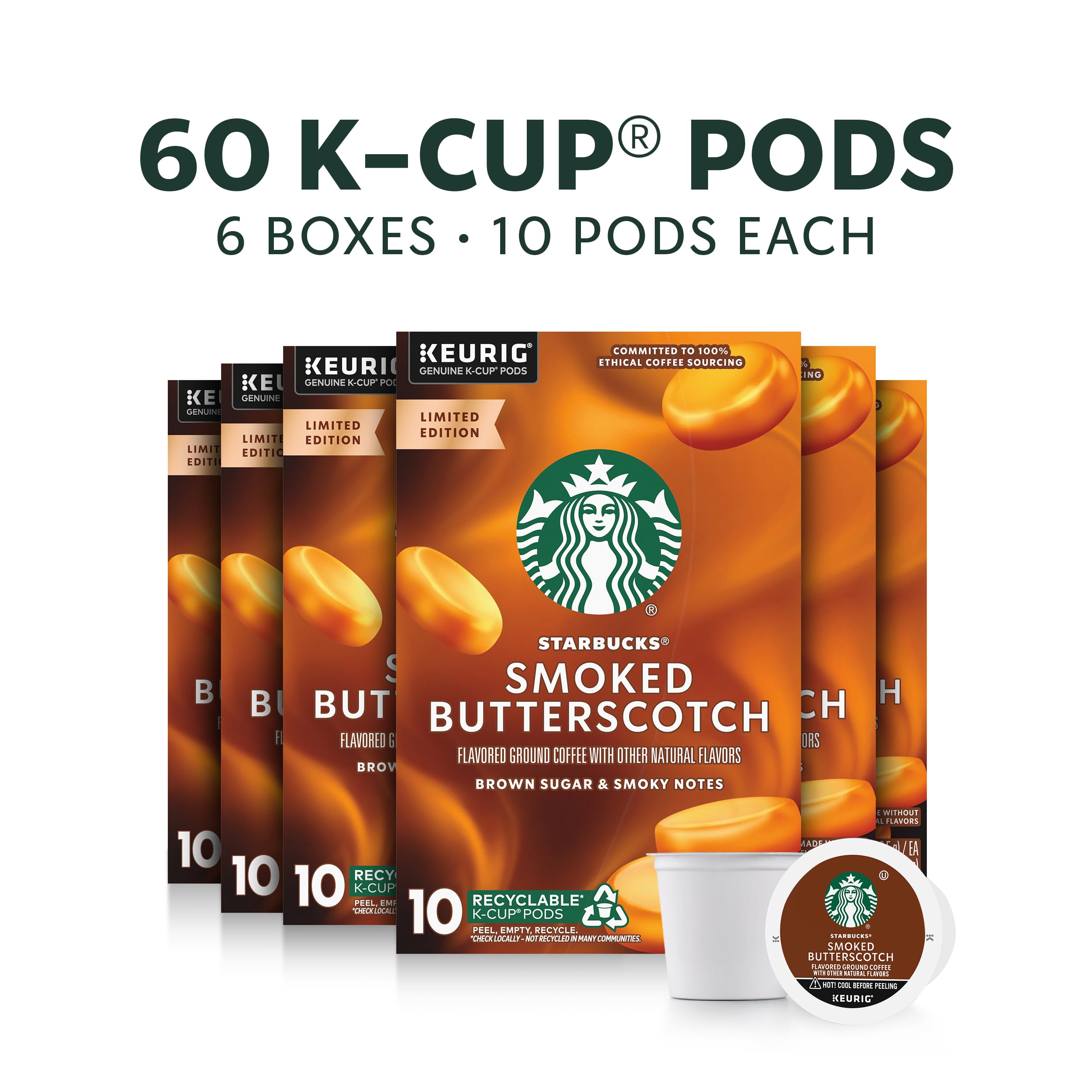 Starbucks Smoked Butterscotch K-Cups closeup, delivering cafe-quality flavor at home.