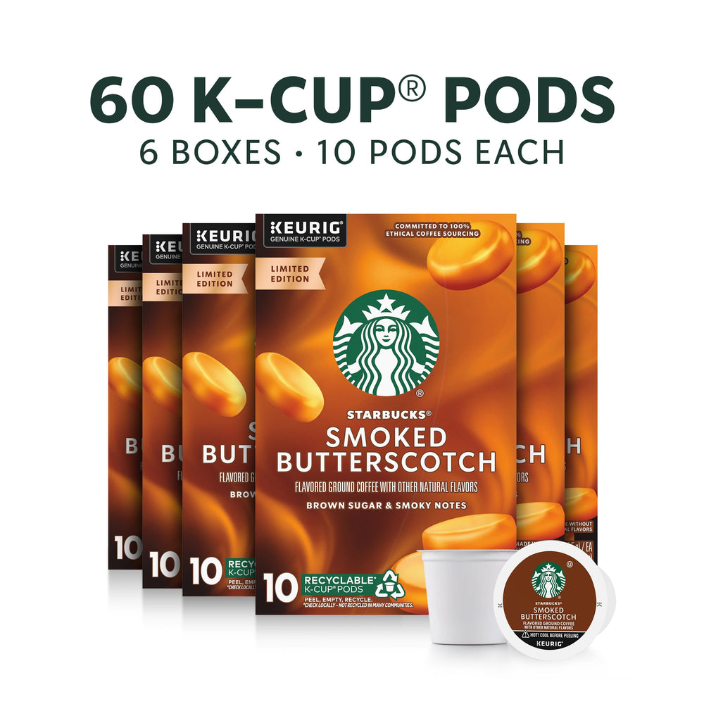 Starbucks Smoked Butterscotch K-Cups closeup, delivering cafe-quality flavor at home.