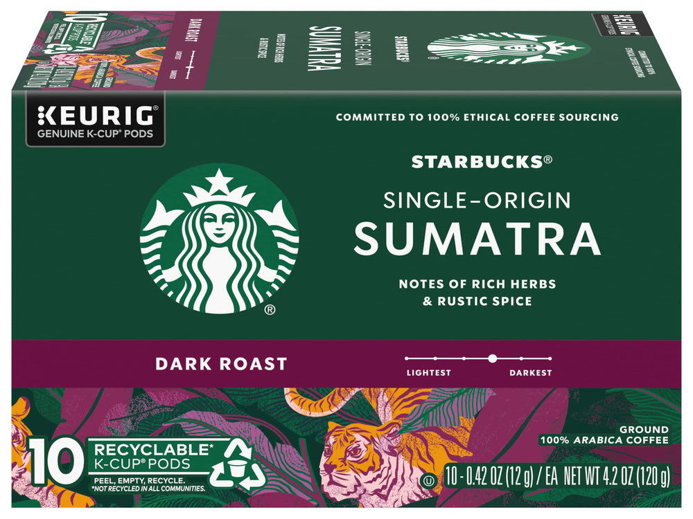 Starbucks Sumatra Dark K-Cup pod earthy notes evoke rich, full-bodied flavor.