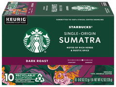 Starbucks Sumatra Dark K-Cup pod earthy notes evoke rich, full-bodied flavor.