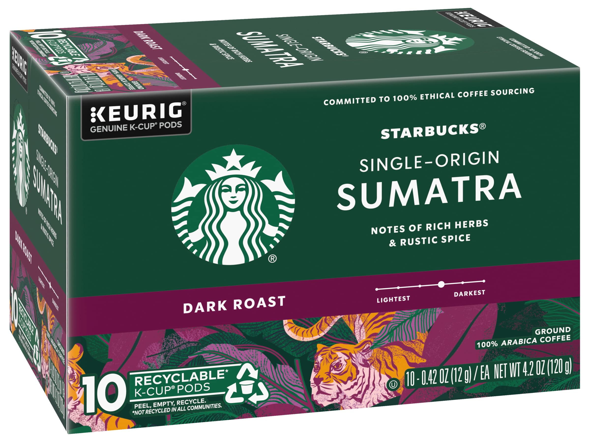 Starbucks Sumatra Dark K-Cup pod herbal spice hints for a robust cup.