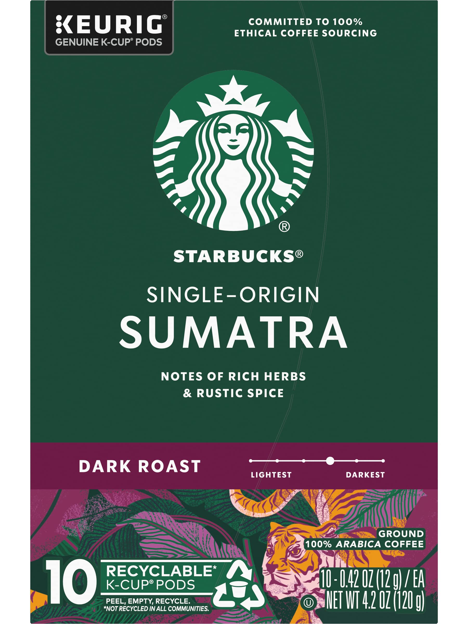 Starbucks Sumatra Dark K-Cup pod compatible with most Keurig brewers.