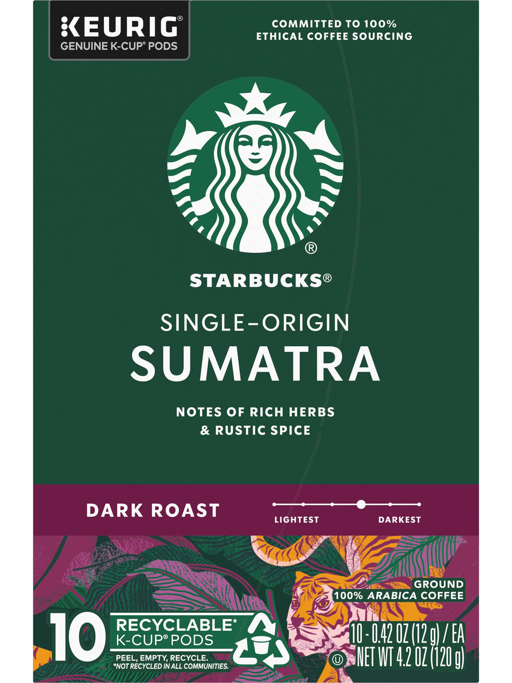 Starbucks Sumatra Dark K-Cup pod compatible with most Keurig brewers.