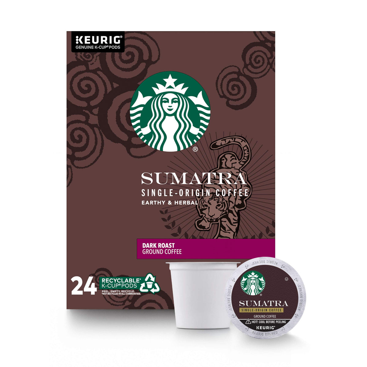Starbucks Sumatra Dark Roast K-Cup pack front for quick bold morning brew.