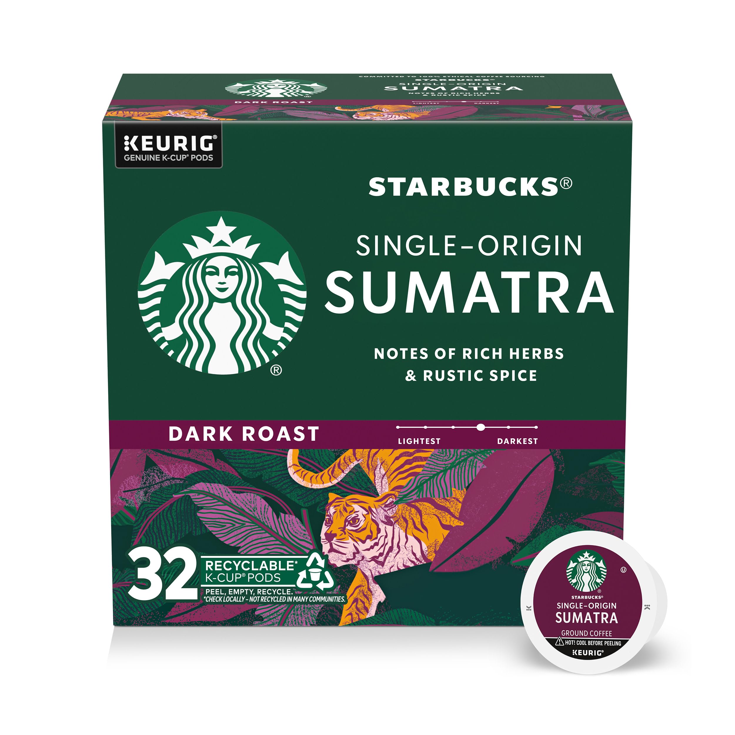 Starbucks Sumatra dark roast K-Cup pod in box, highlighting convenient home brewing.