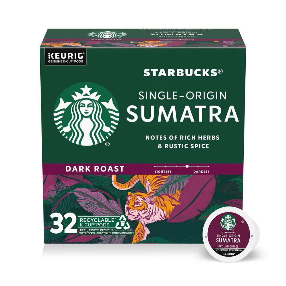 Starbucks Sumatra dark roast K-Cup pod in box, highlighting convenient home brewing.