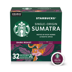 Starbucks Sumatra dark roast K-Cup pod in box, highlighting convenient home brewing.