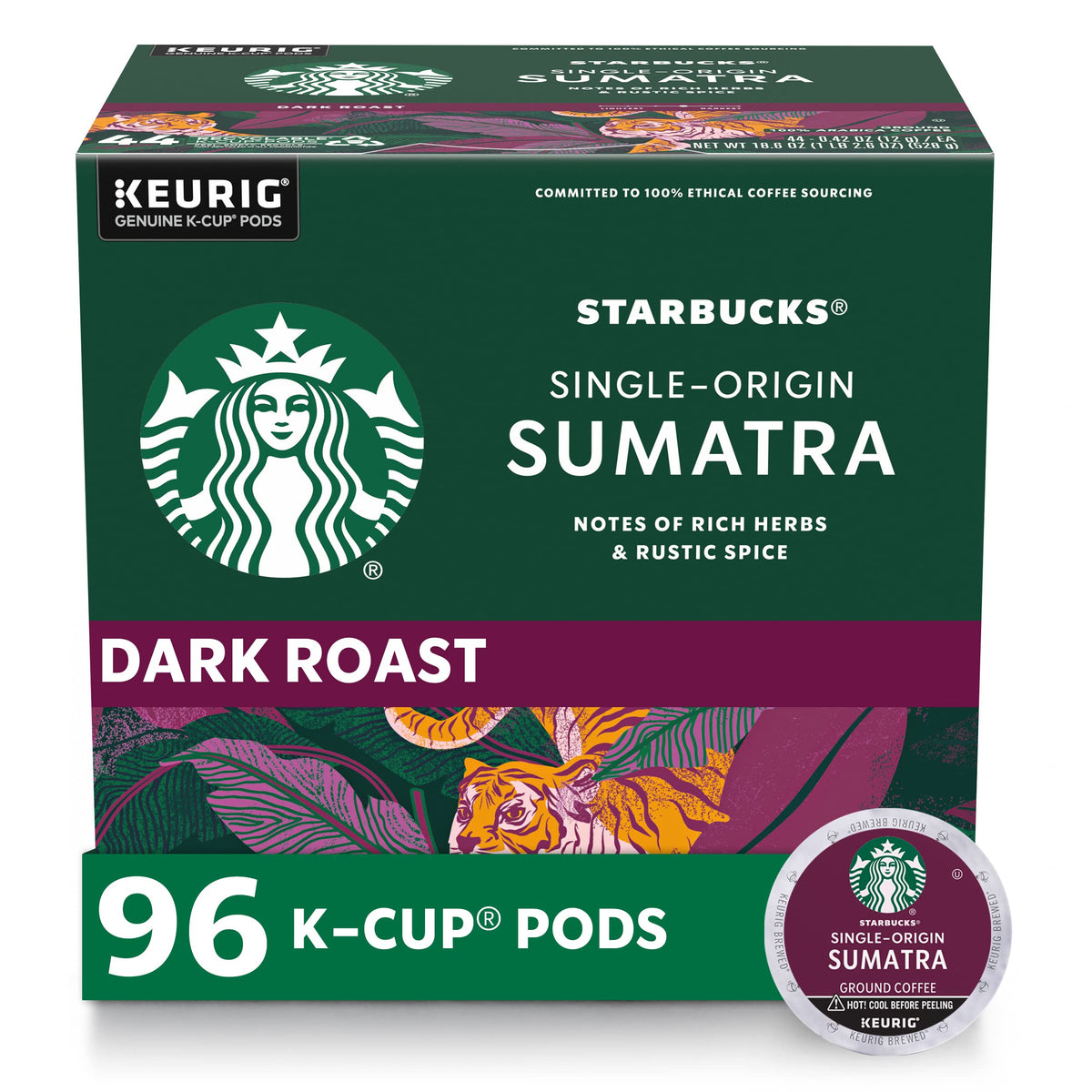 Starbucks Sumatra dark roast K-Cup pod, bold flavor for Keurig mornings.