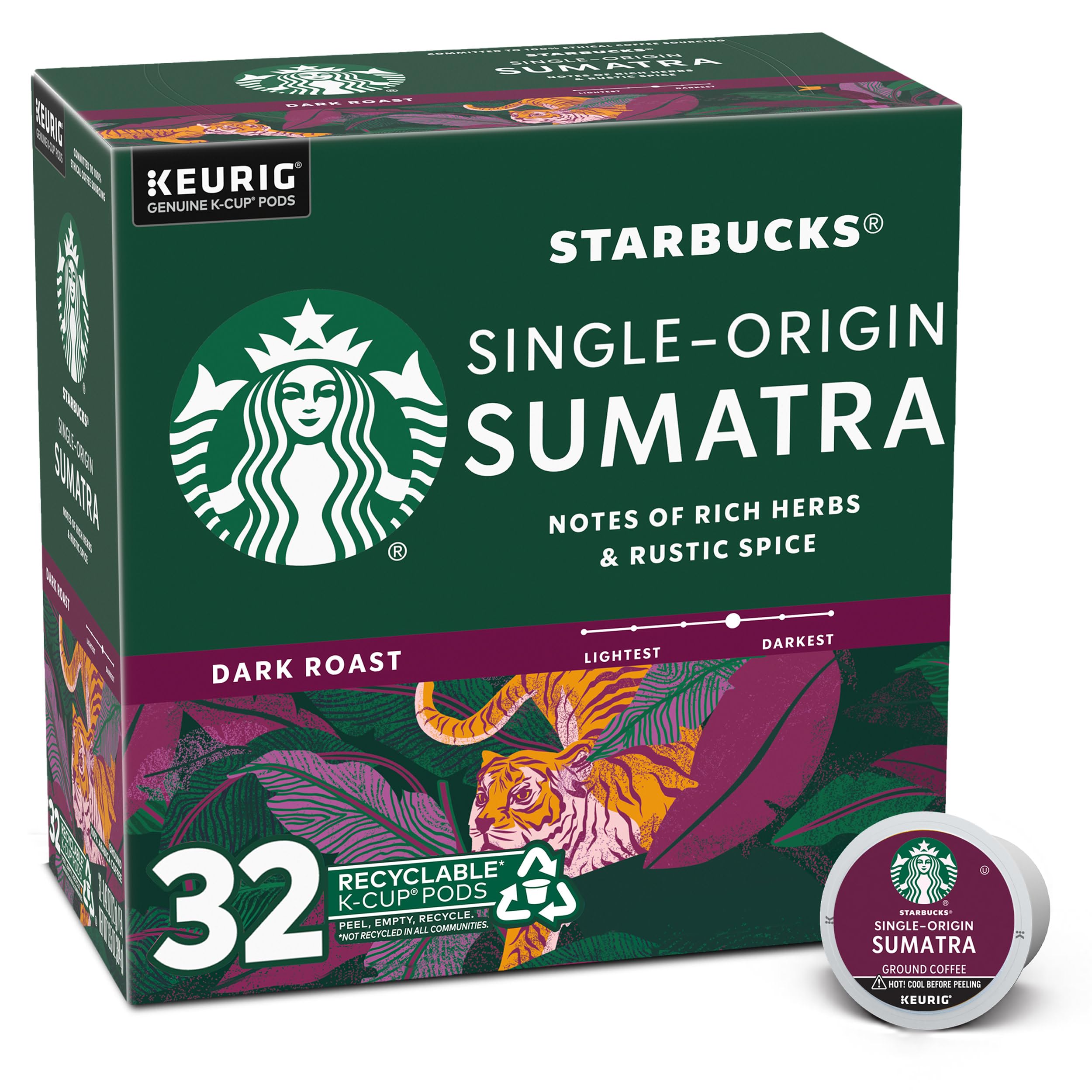 Starbucks Sumatra dark roast K-Cup pods deliver bold, consistent cups.