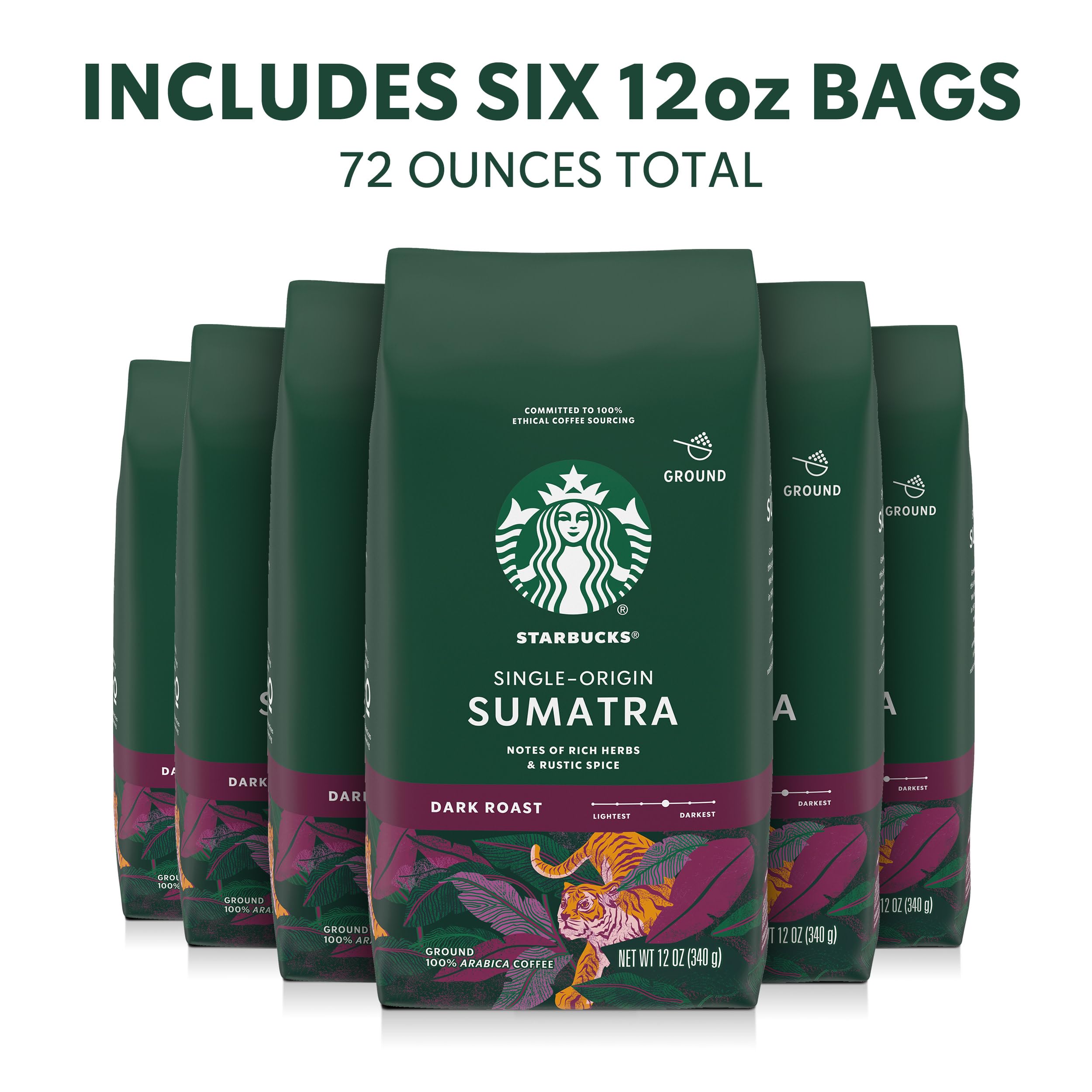 Starbucks Sumatra ground coffee bag label closeup showing premium beans