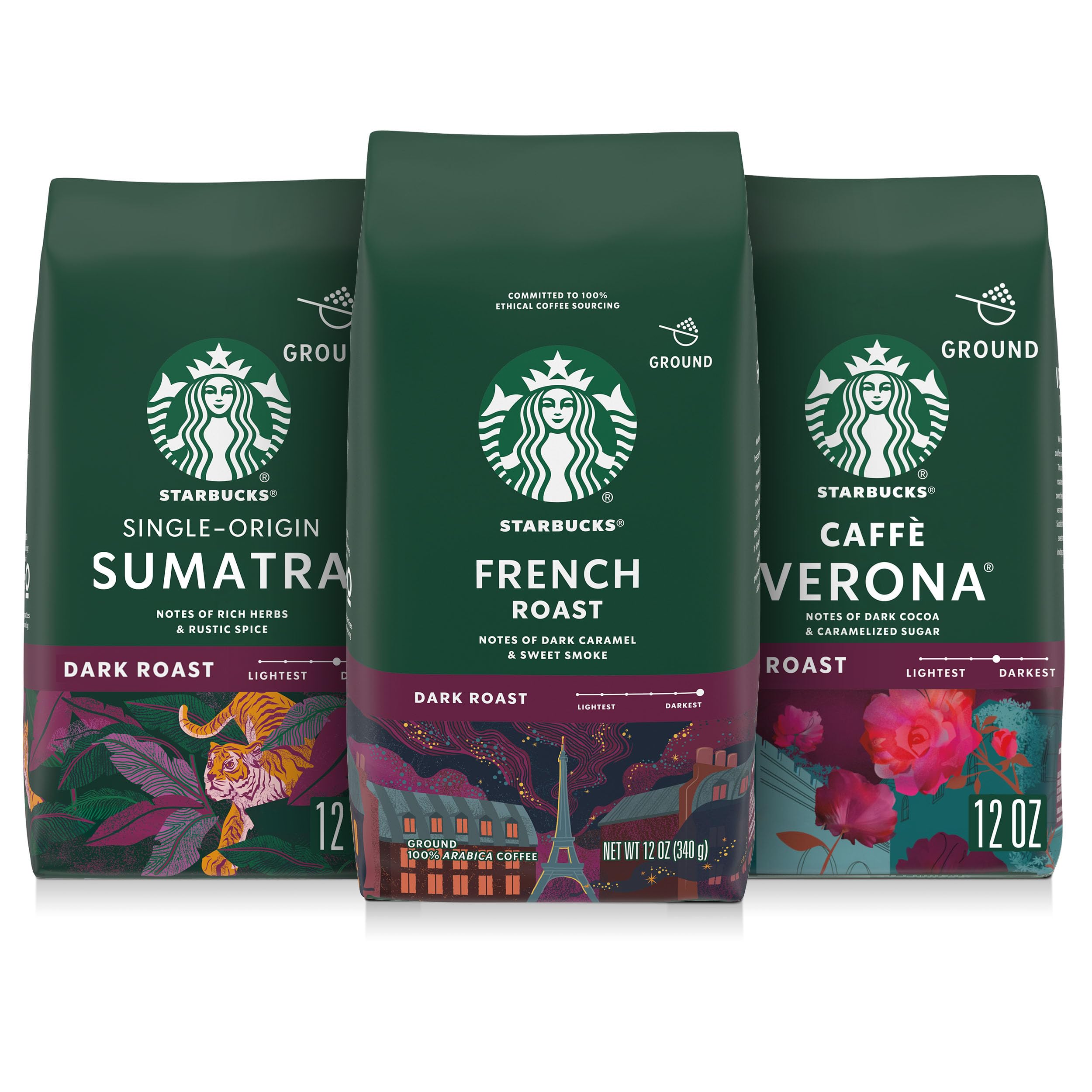 Starbucks Sumatra ground coffee bag on the counter delivers bold herbal notes for mornings.