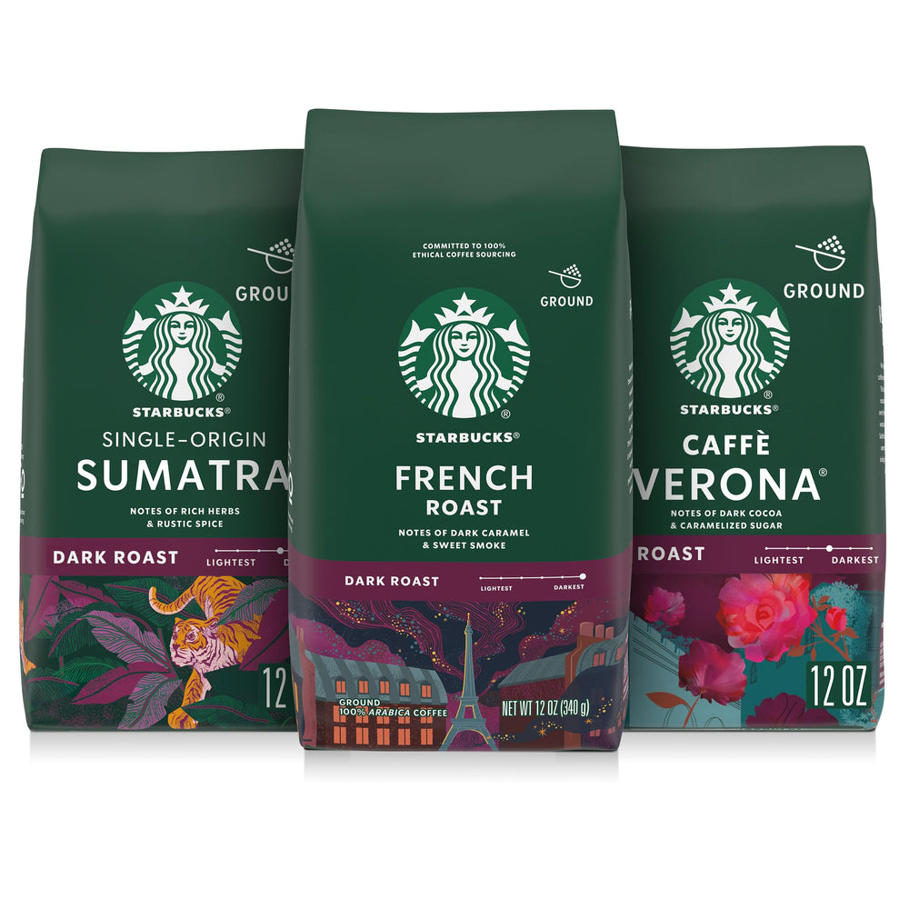 Starbucks Sumatra ground coffee bag on the counter delivers bold herbal notes for mornings.