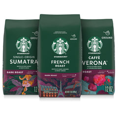 Starbucks Sumatra ground coffee bag on the counter delivers bold herbal notes for mornings.