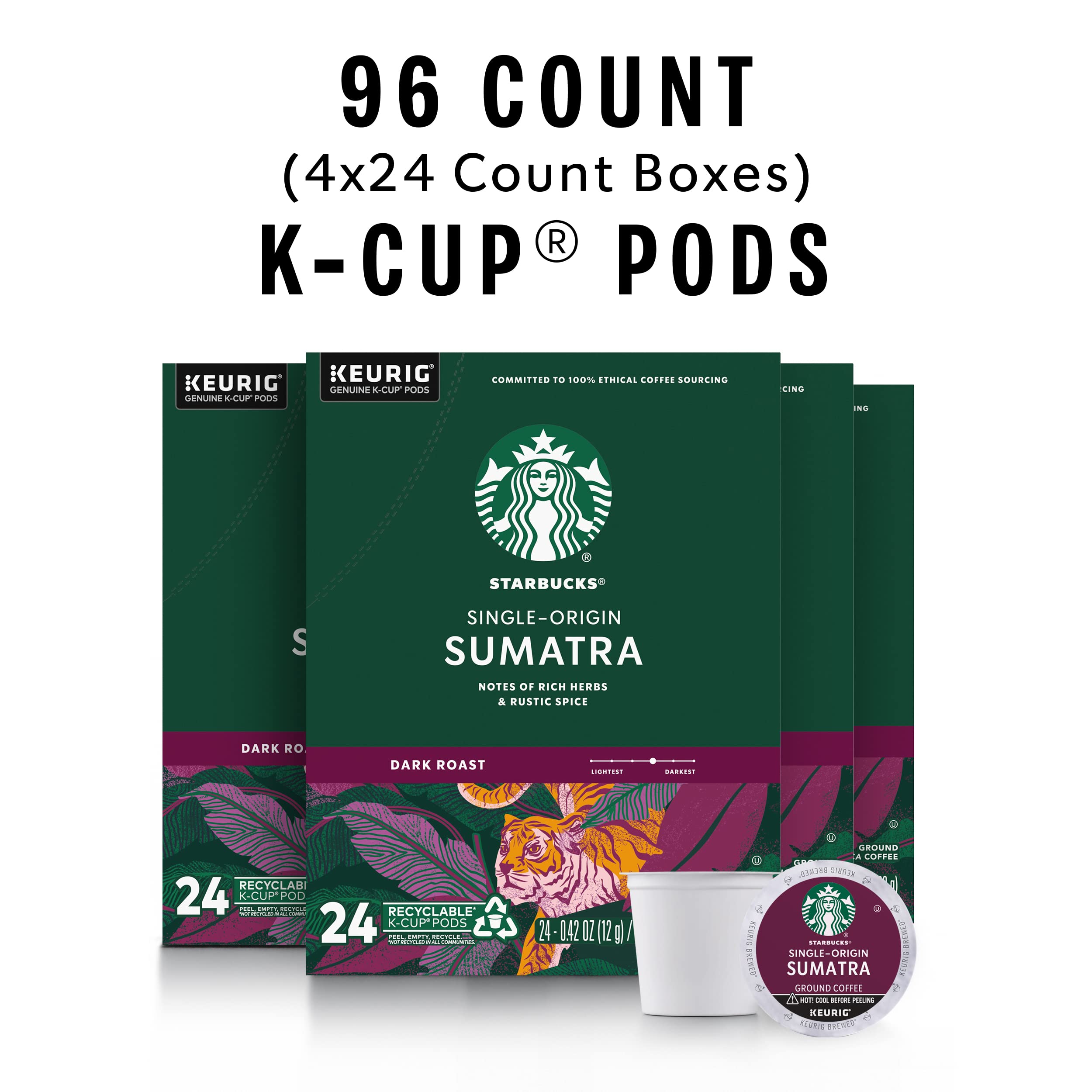 Starbucks Sumatra K-Cup packaging box highlights single-origin beans and fresh-roast quality.