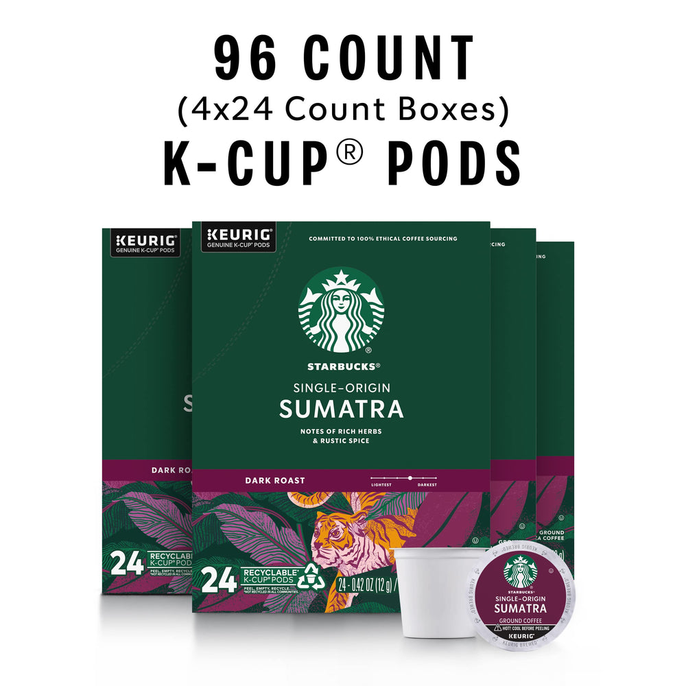 Starbucks Sumatra K-Cup packaging box highlights single-origin beans and fresh-roast quality.