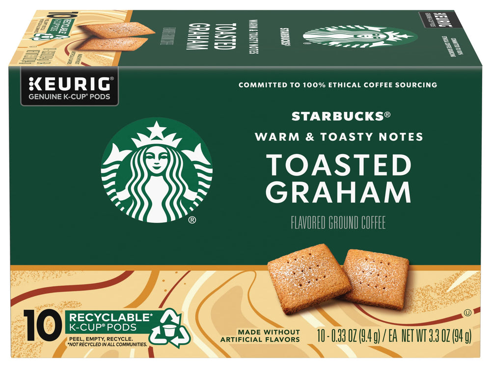 Starbucks Toasted Graham K-Cup pods two-box pack highlights value and convenience.