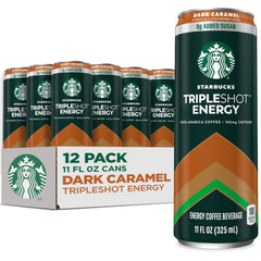 Starbucks Tripleshot can on display with dark caramel flavor and energizing notes.