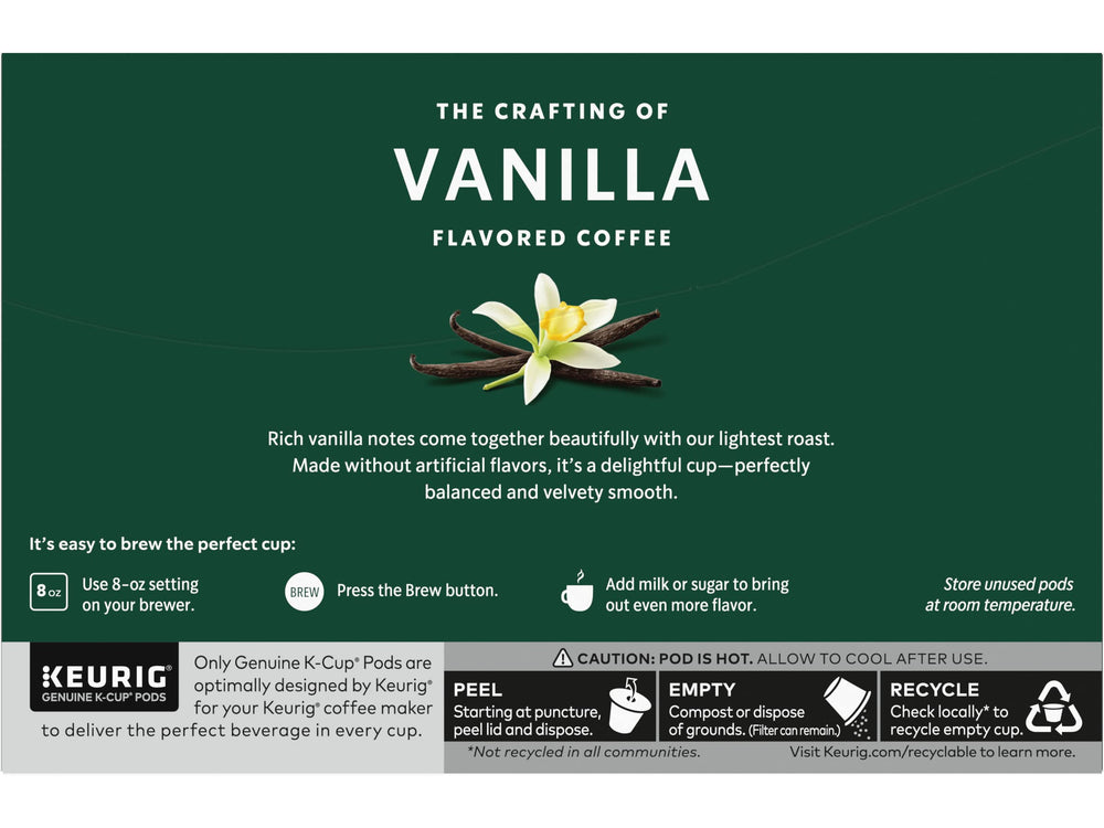 Starbucks Vanilla K-Cup Pods pack next to Keurig for quick brew