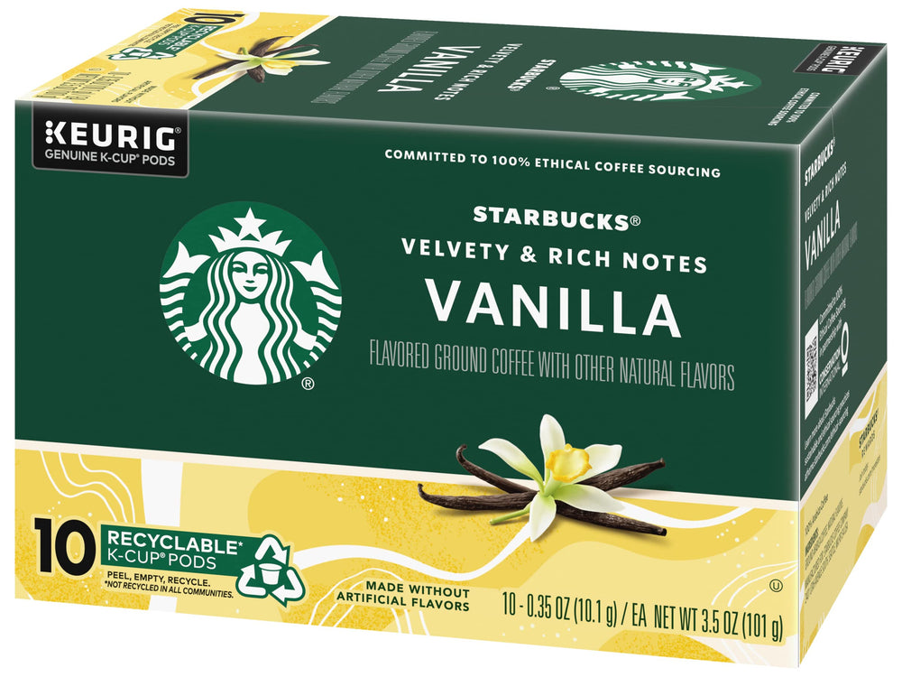 Starbucks Vanilla K-Cup Pods and vanilla beans on counter for aroma