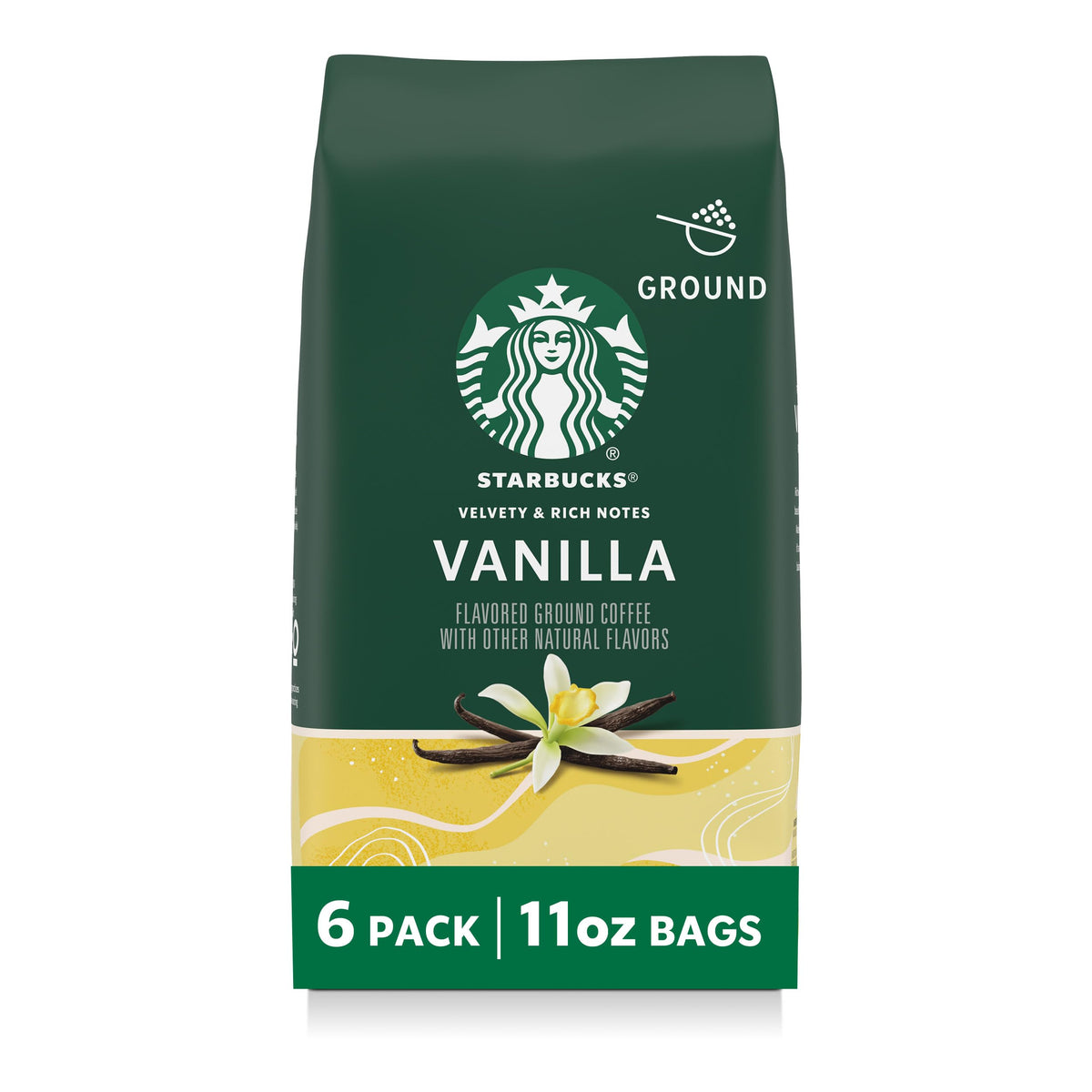 Starbucks Vanilla ground coffee bags ready for home brewing.