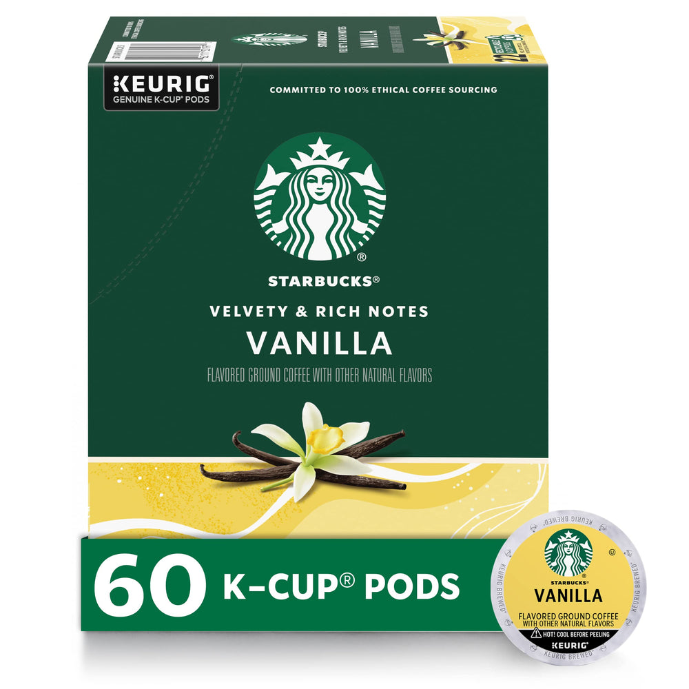 Starbucks Vanilla K-Cup pods box for convenient premium coffee at home.