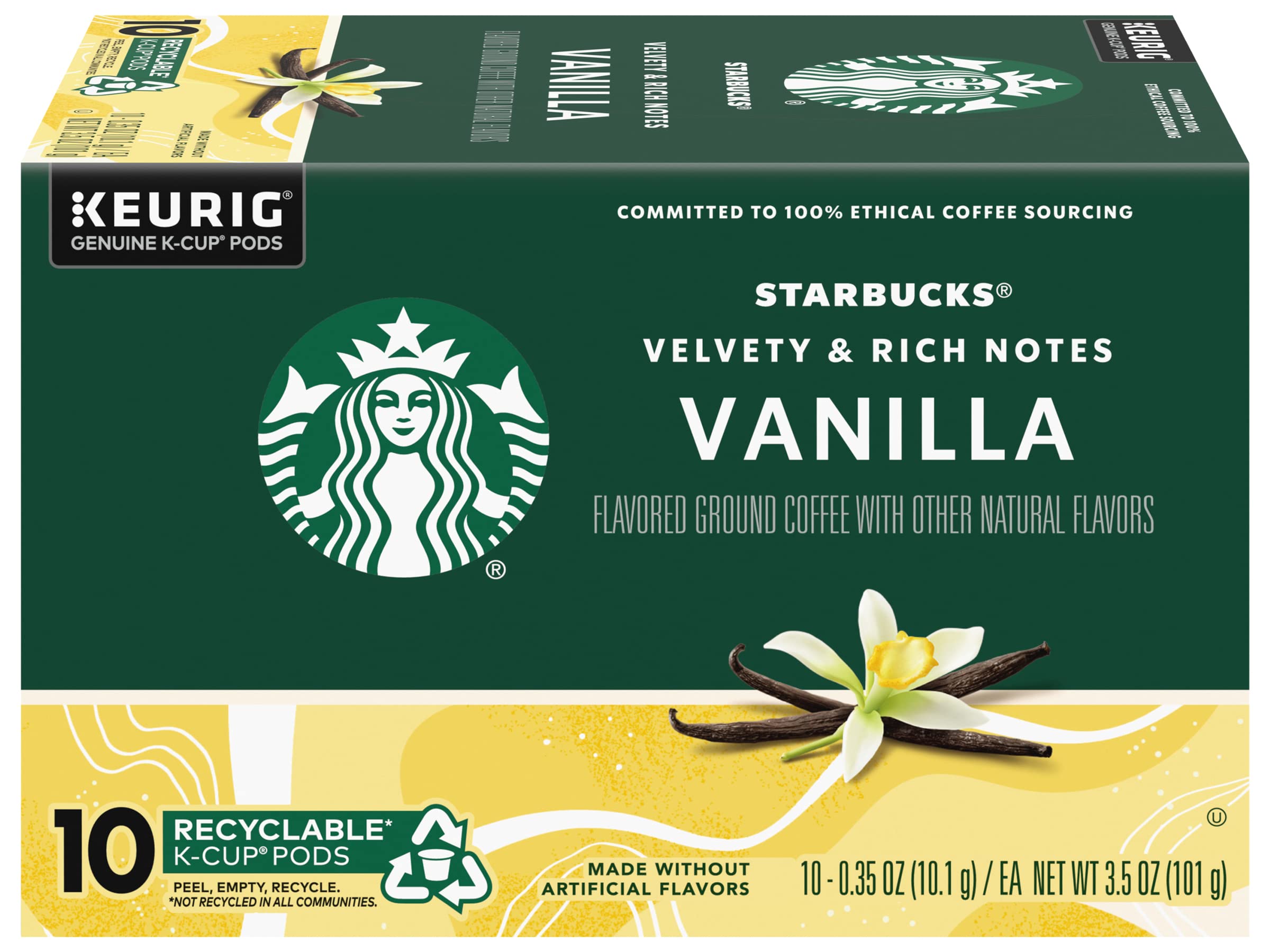 Starbucks Vanilla K-Cup pods box showcases convenient 10-pack for easy mornings