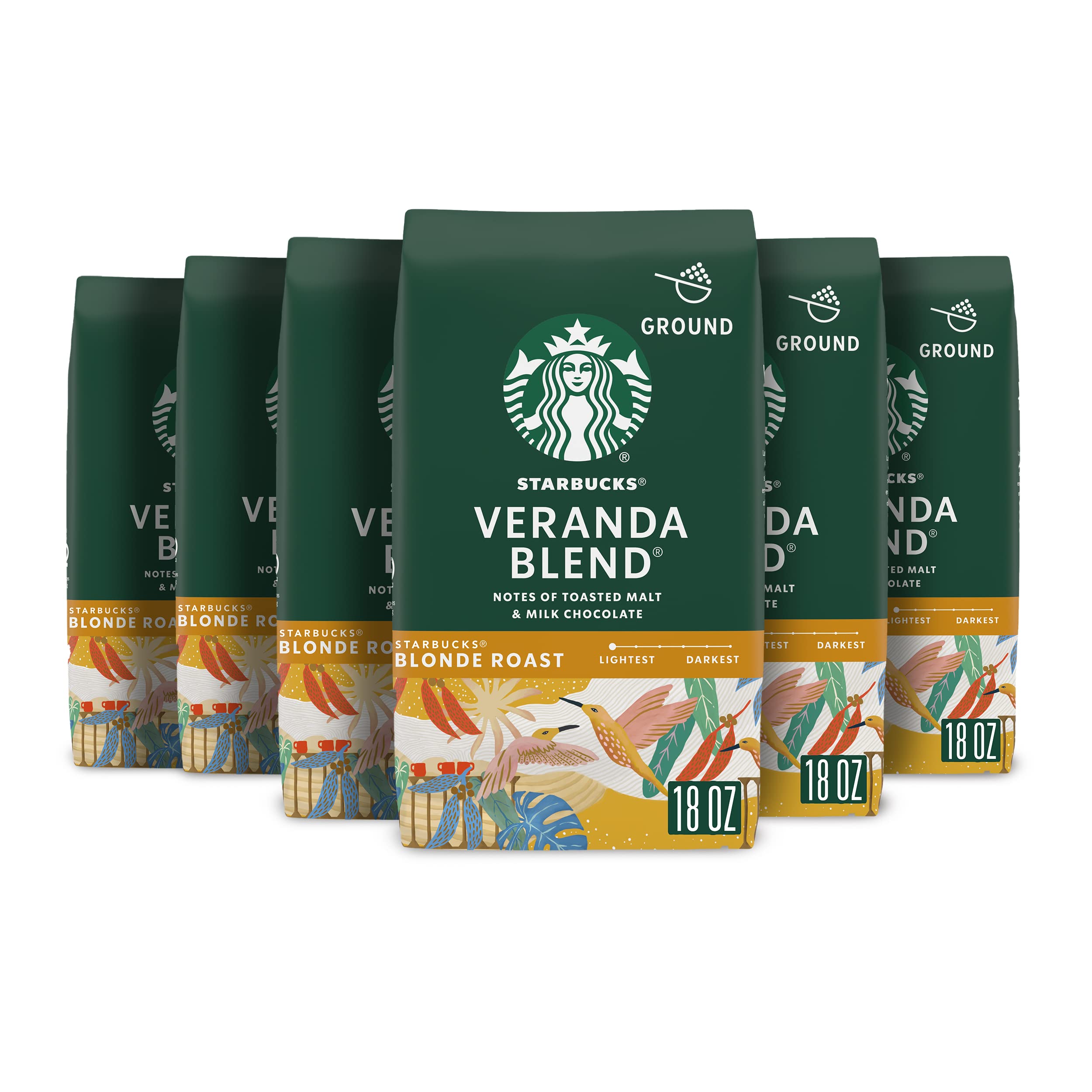 Starbucks Veranda Blend ground coffee six-bag pack for easy daily brewing.