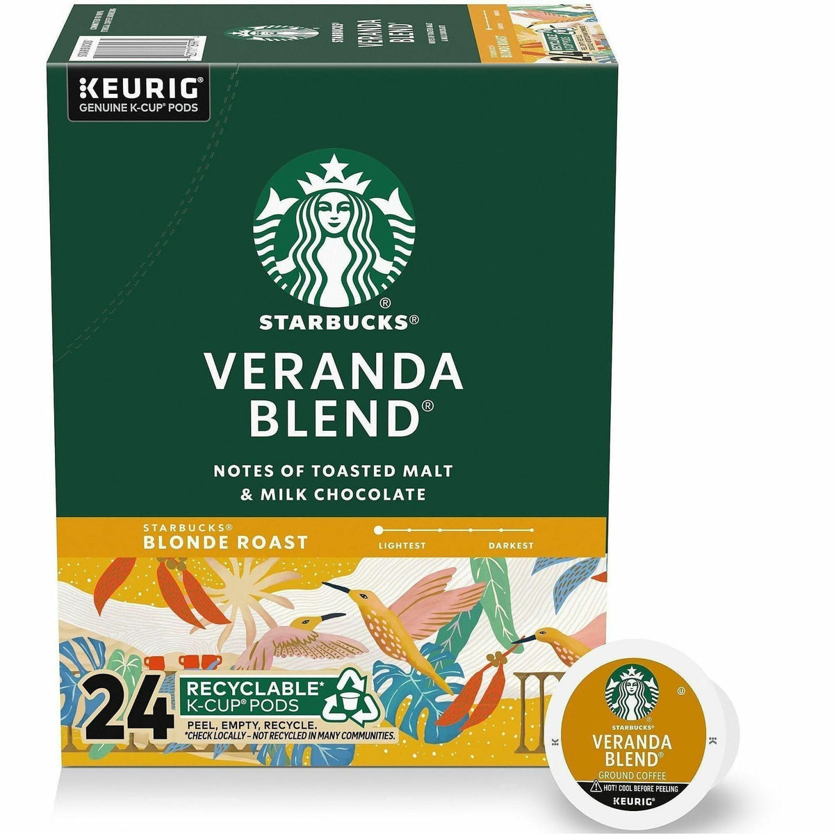 Starbucks Veranda Blend K-Cup packaging shown, convenient format for quick mornings.