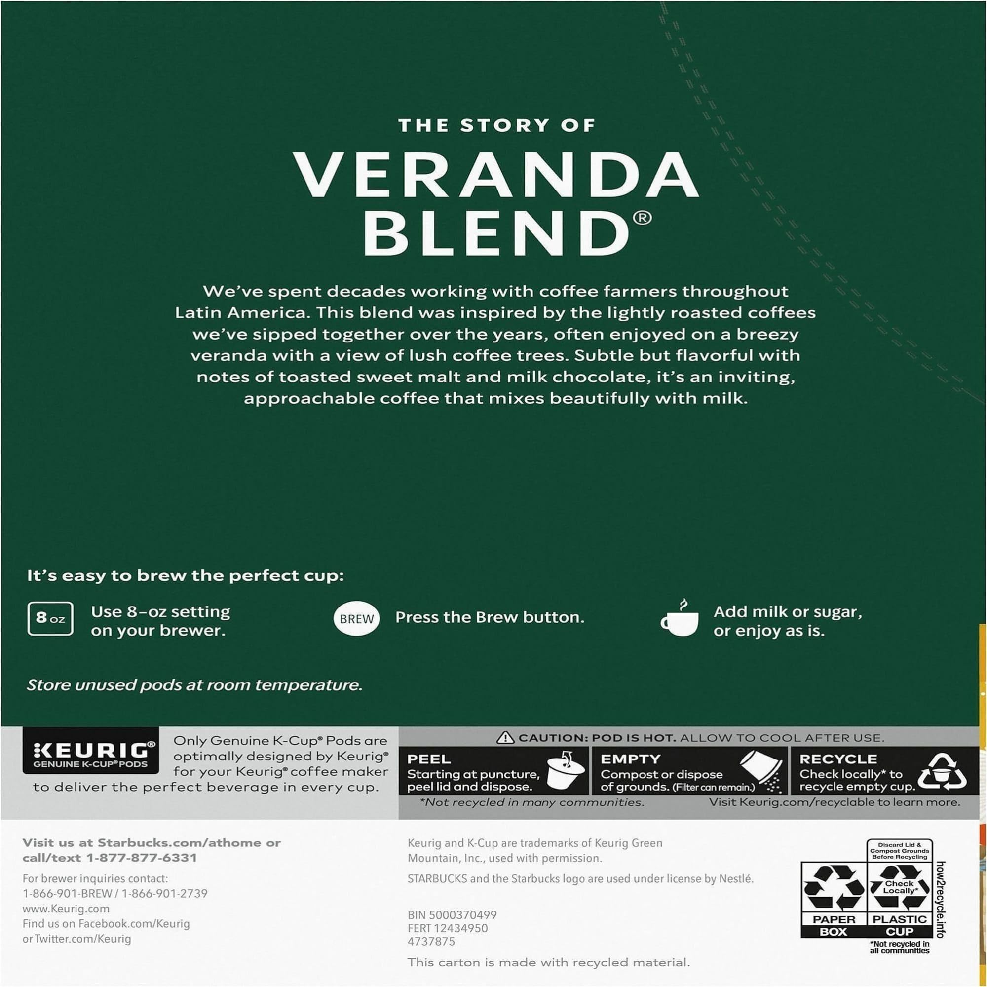 Starbucks Veranda Blend K-Cup pod on a counter, easy Keurig brewing.