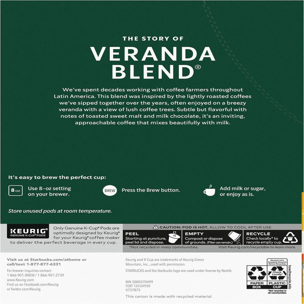 Starbucks Veranda Blend K-Cup pod on a counter, easy Keurig brewing.