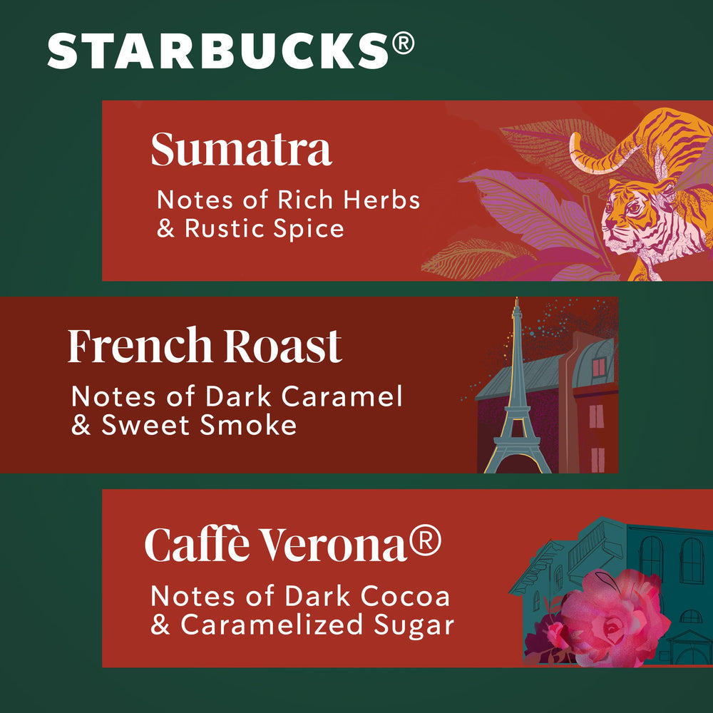Starbucks Verona beans close-up highlighting dark cocoa and caramel flavors.
