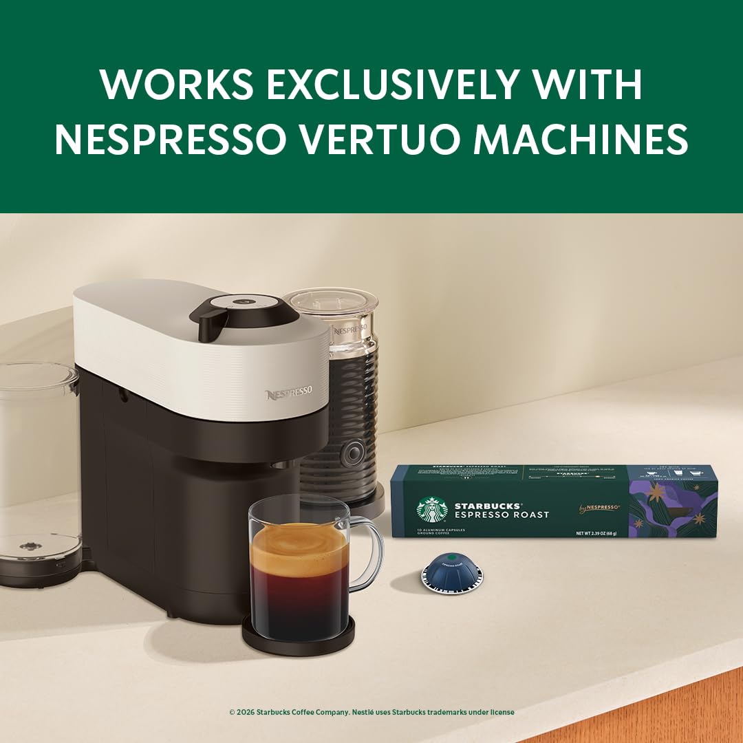 VertuoLine compatible capsules with Starbucks branding for easy home brewing.