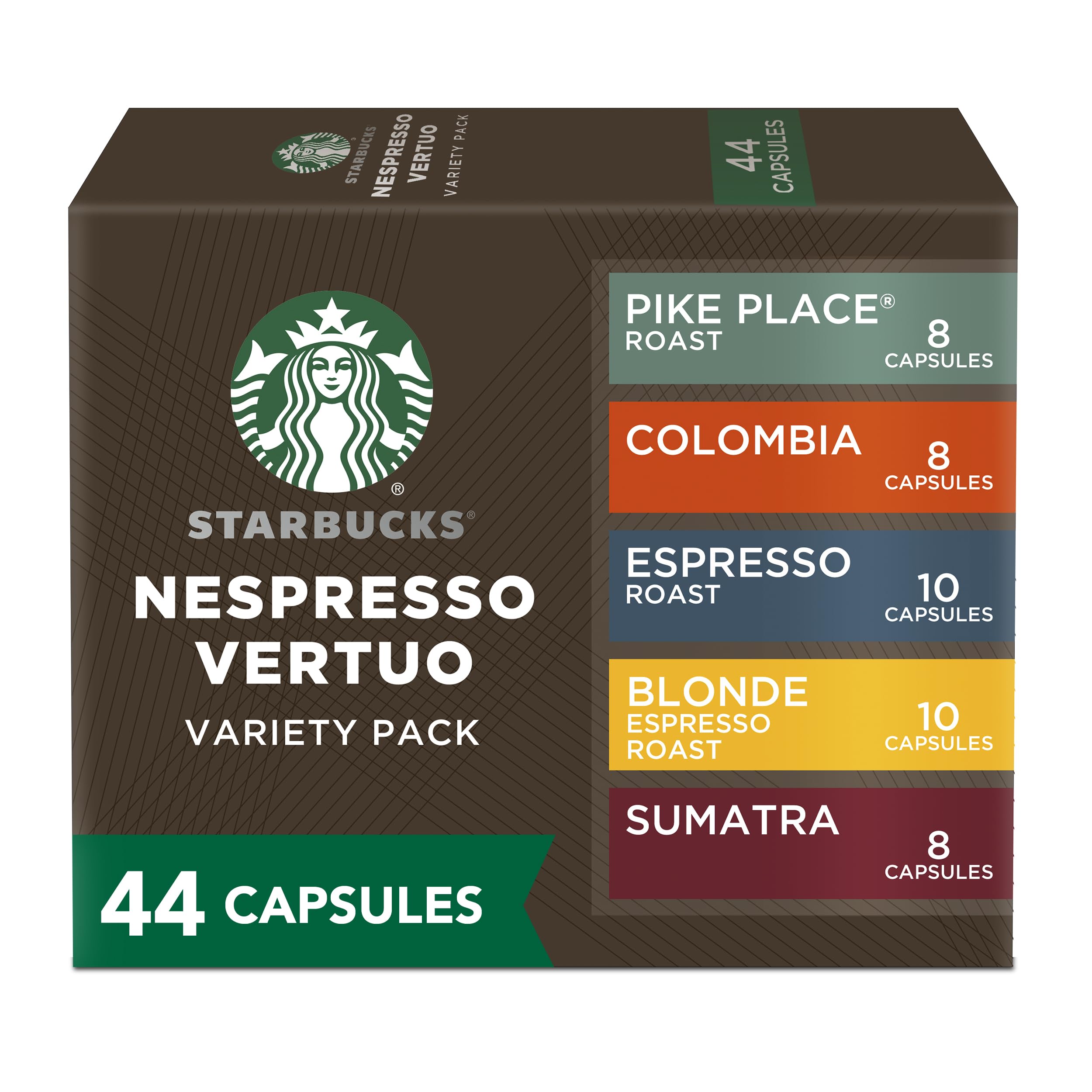 Starbucks by Nespresso Vertuo variety pack coffee and espresso pods for home brewing.