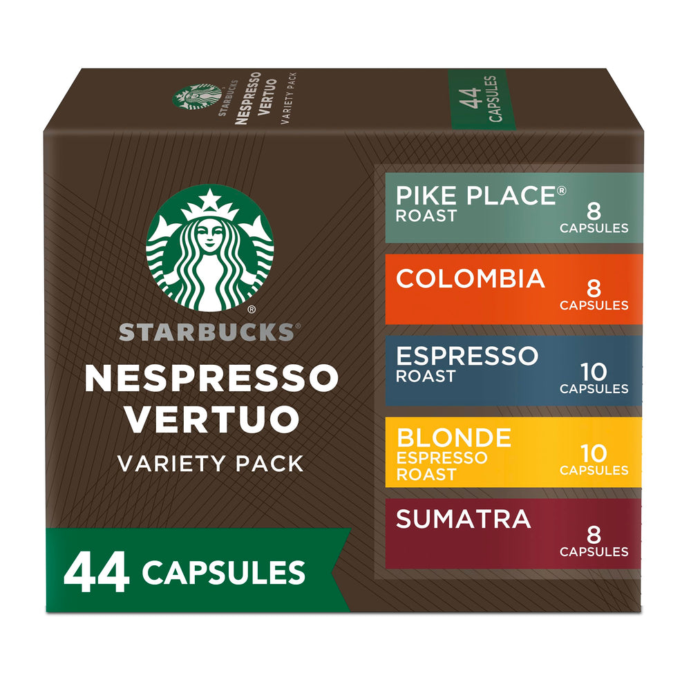 Starbucks by Nespresso Vertuo variety pack coffee and espresso pods for home brewing.