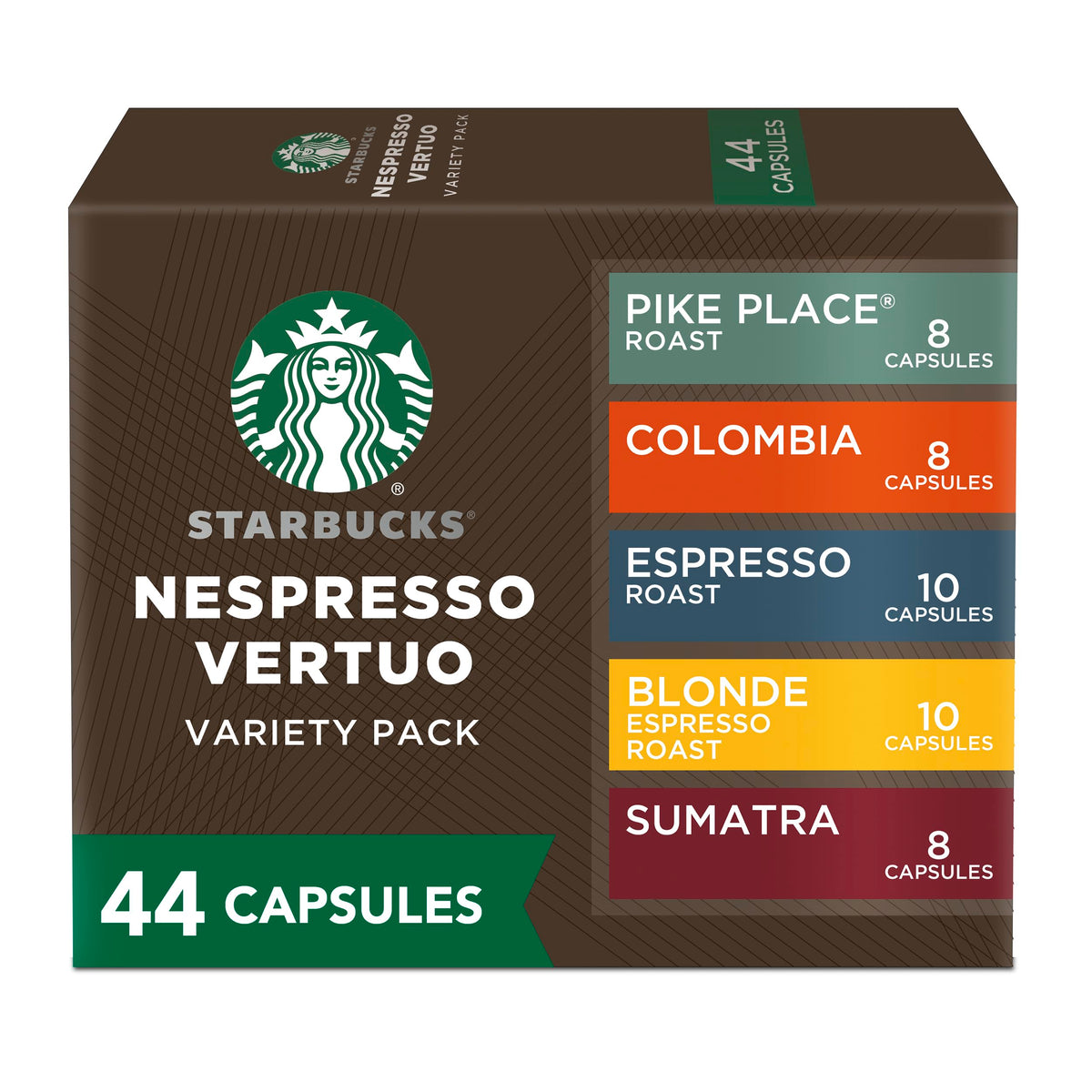 Starbucks by Nespresso Vertuo variety pack coffee and espresso pods for home brewing.