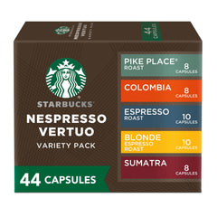 Starbucks by Nespresso Vertuo variety pack coffee and espresso pods for home brewing.
