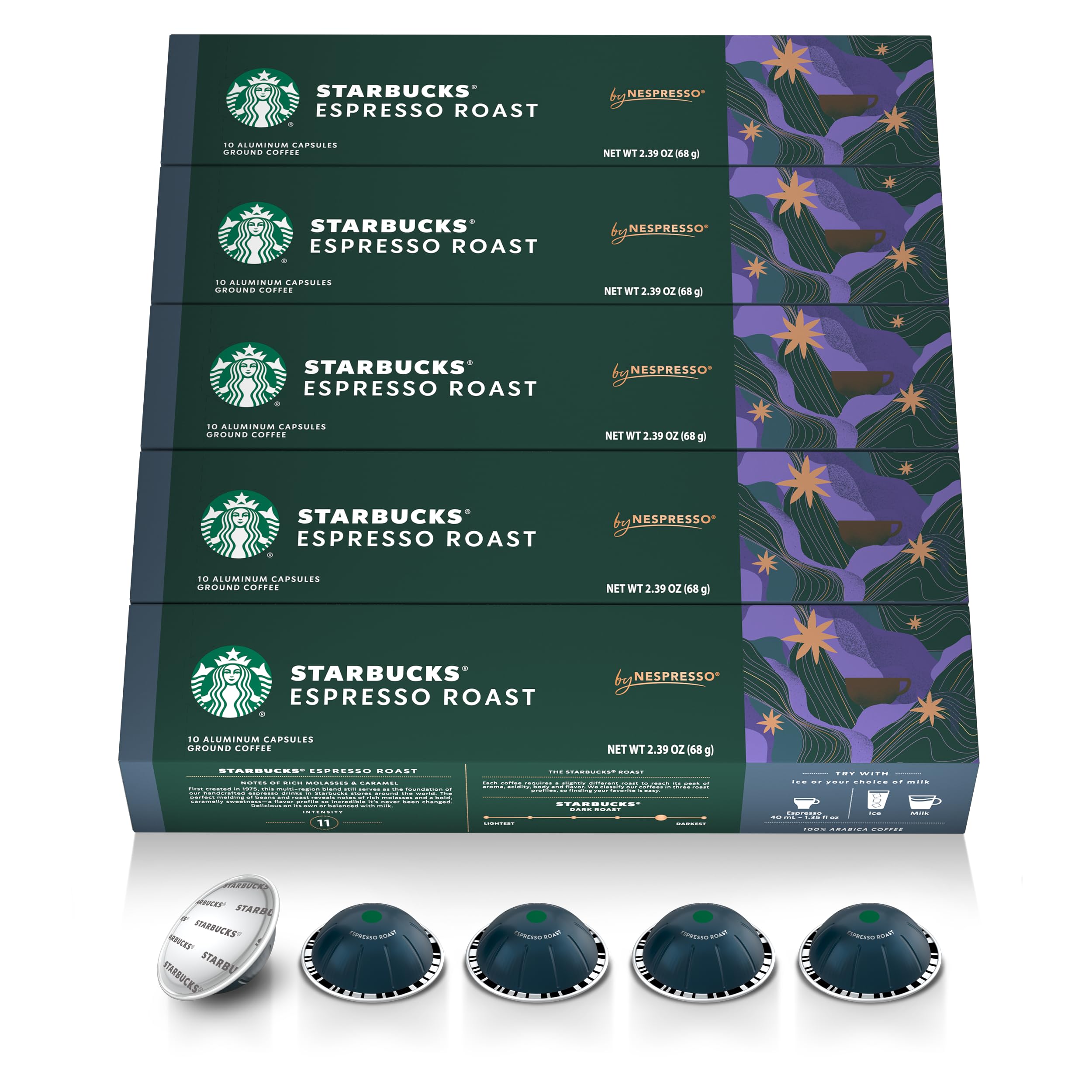 Starbucks Vertuo dark roast capsules pack for convenient at-home espresso.