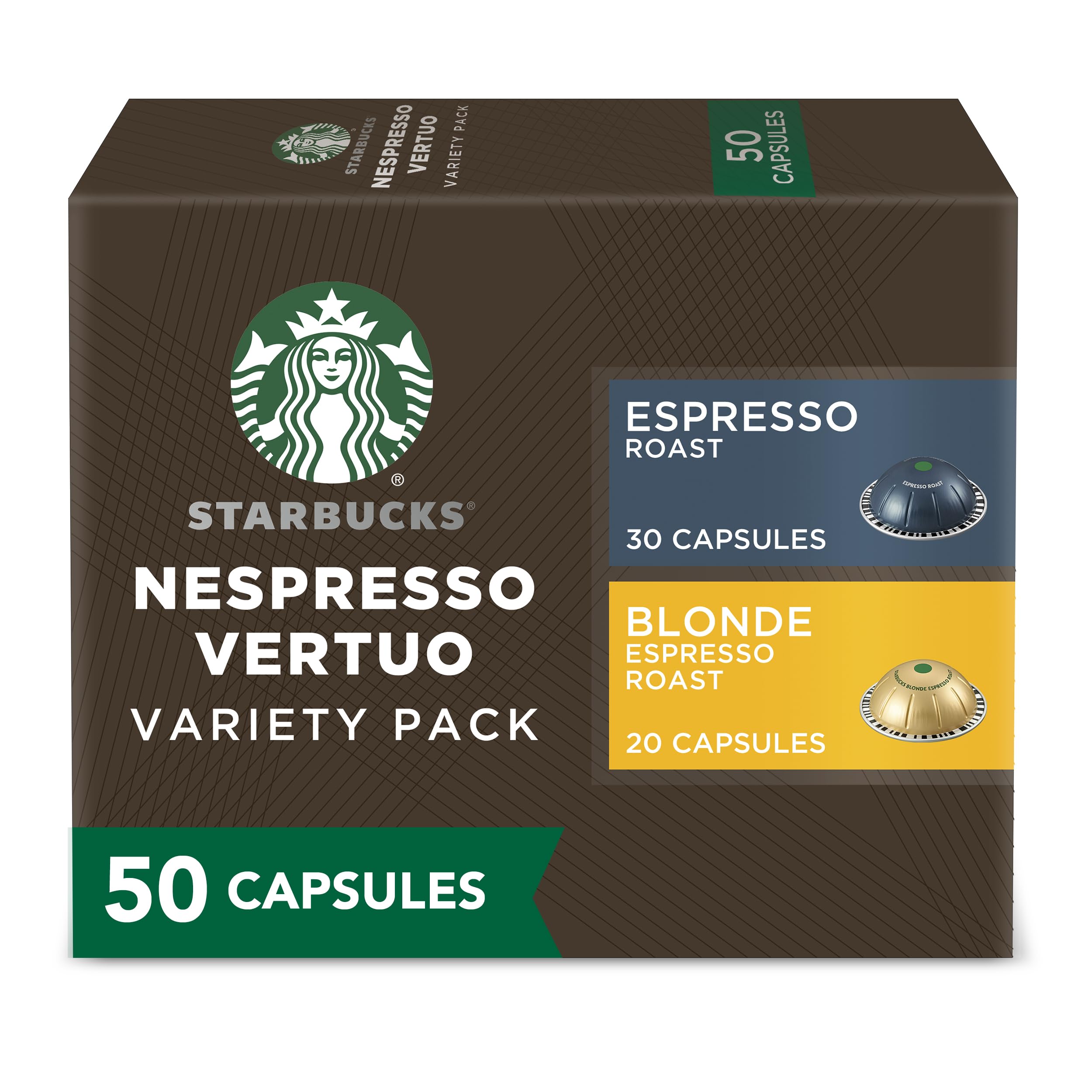 Starbucks Vertuo variety-pack Blonde and Espresso boxed for convenient at-home tastings.