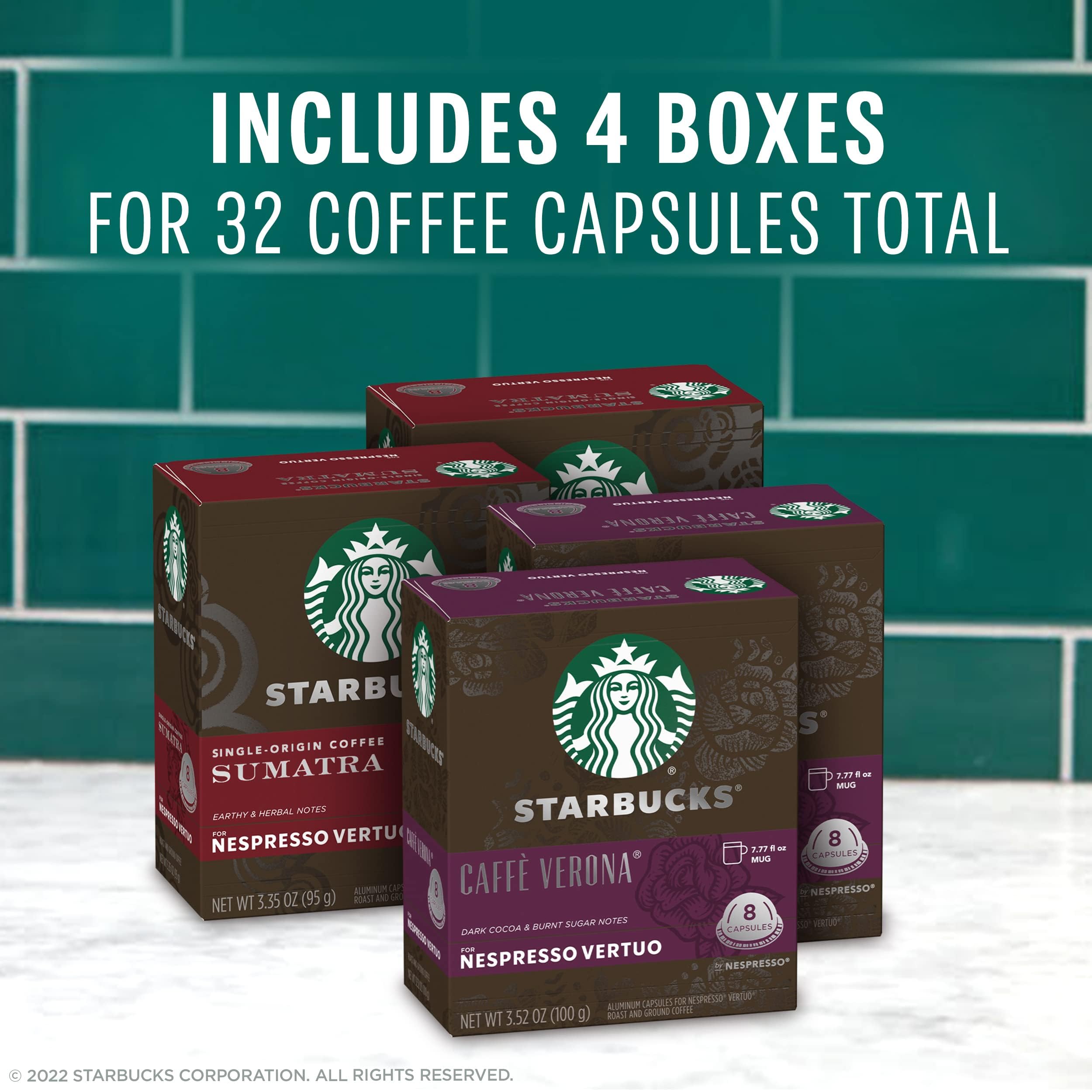 Starbucks Vertuo variety-pack boxes on a kitchen counter for home brewing