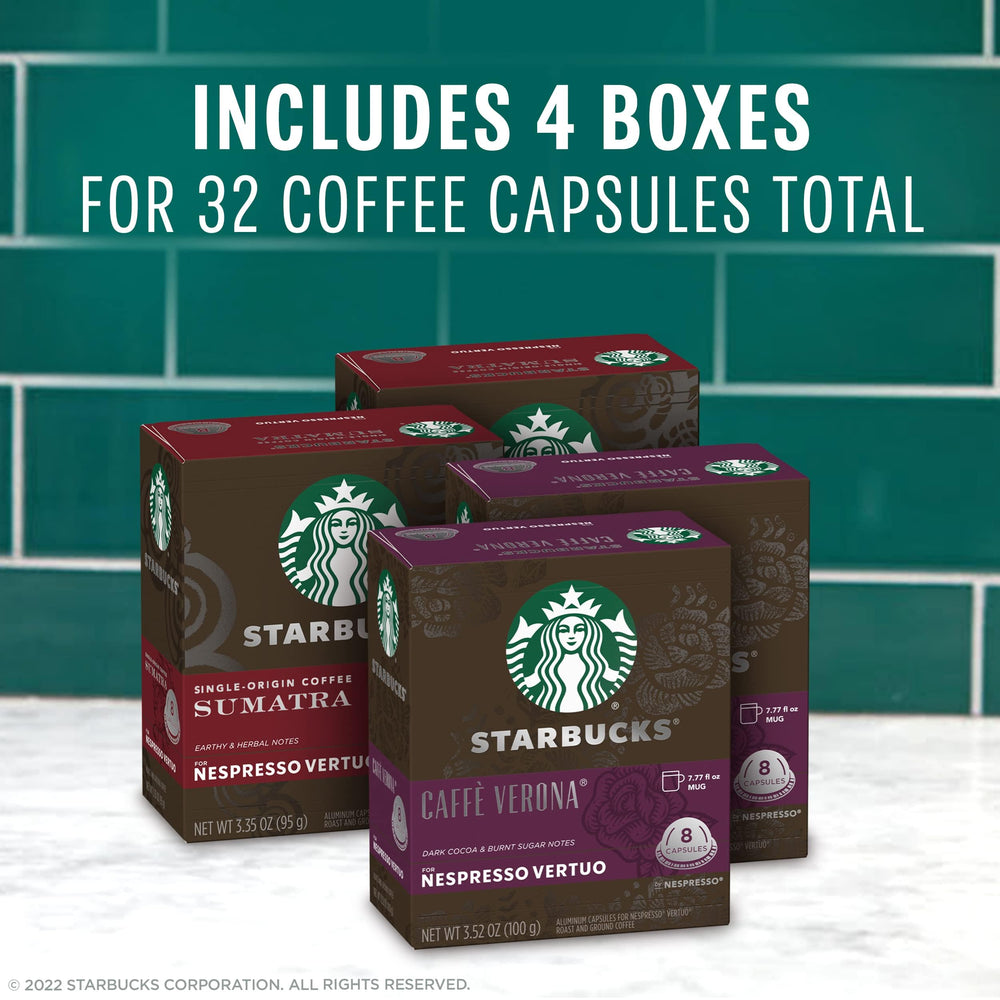 Starbucks Vertuo variety-pack boxes on a kitchen counter for home brewing