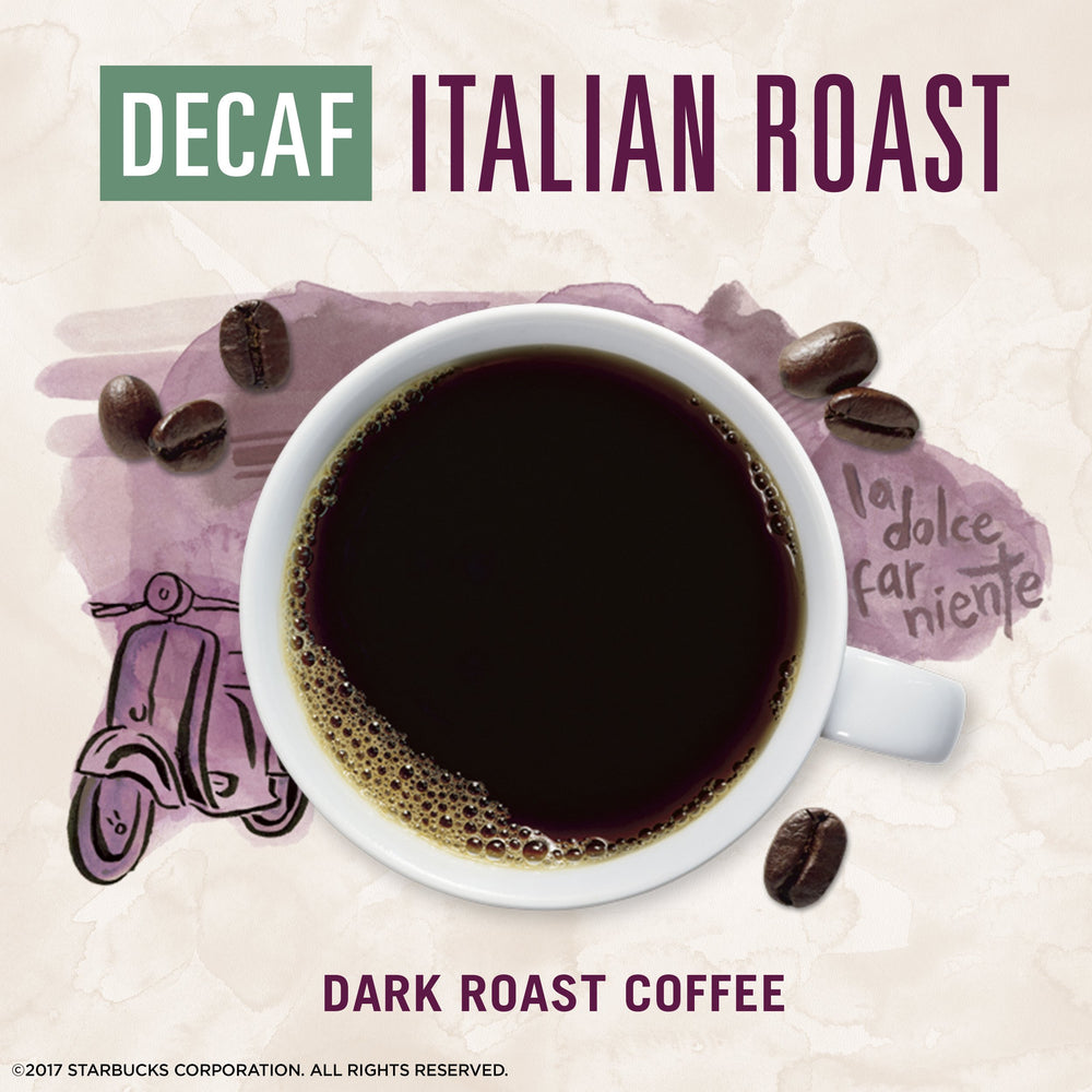 Steam rises from a cup of Starbucks VIA Decaf Italian Roast, ready to sip.