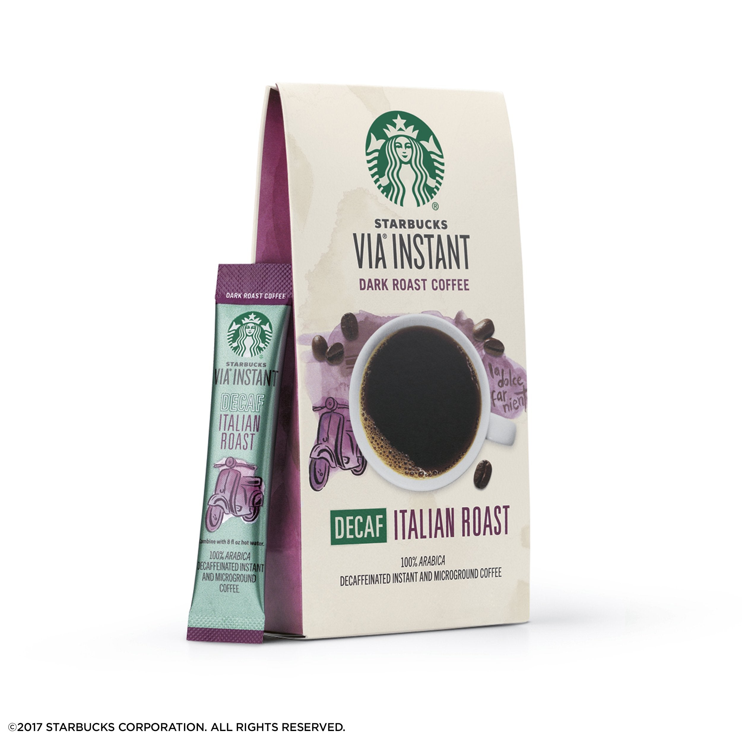 Hot water pours over Starbucks VIA Decaf Italian Roast for a fast, flavorful cup.
