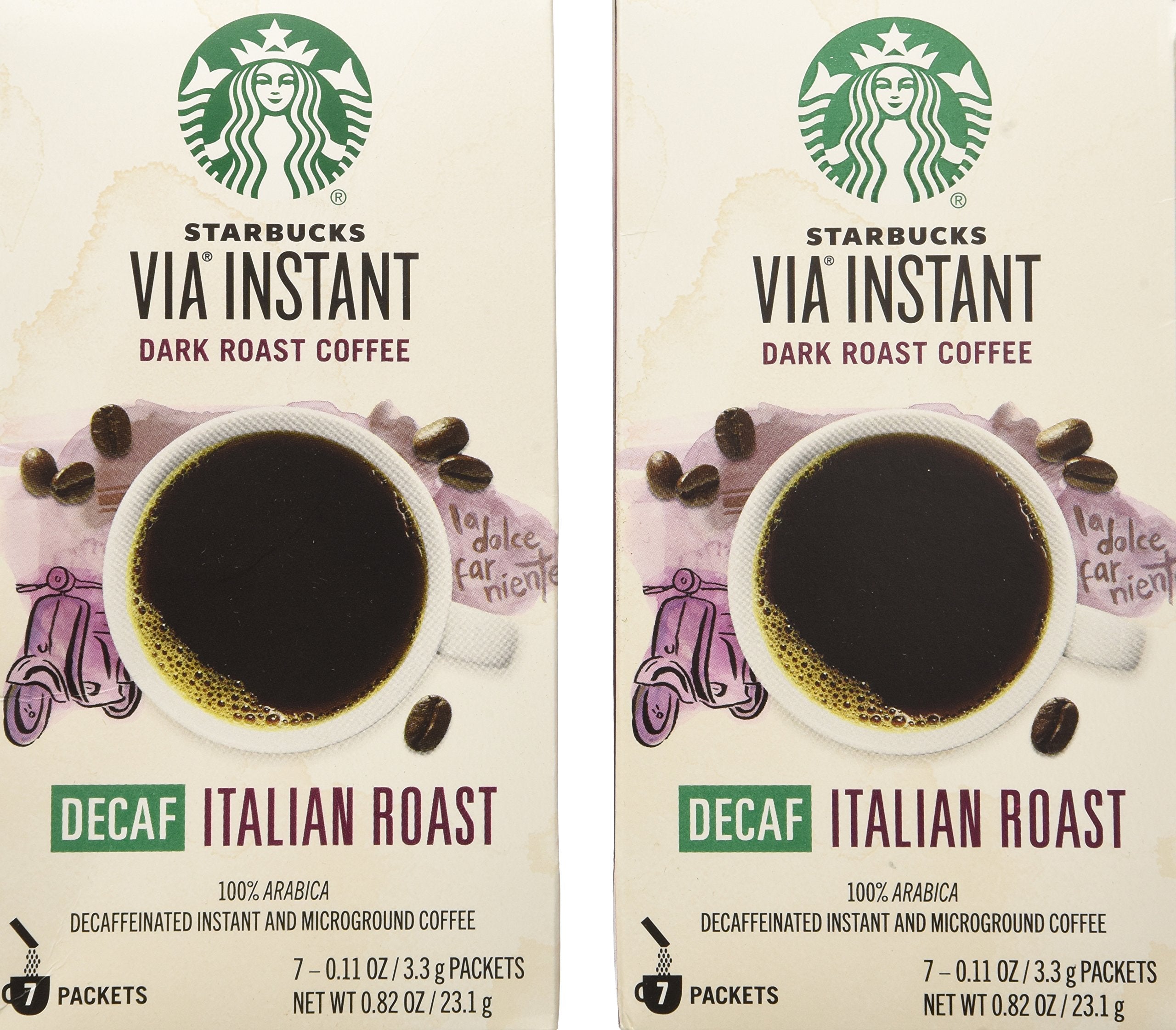 Starbucks VIA Decaf Italian Roast packaging showing convenient, ready-to-brew packets for home use