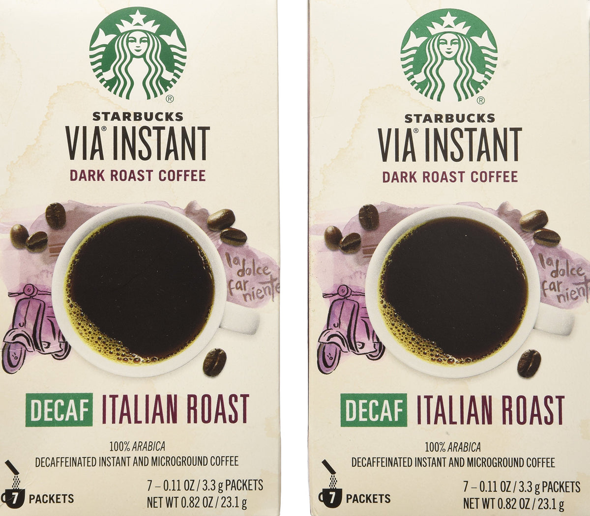 Starbucks VIA Decaf Italian Roast packaging showing convenient, ready-to-brew packets for home use