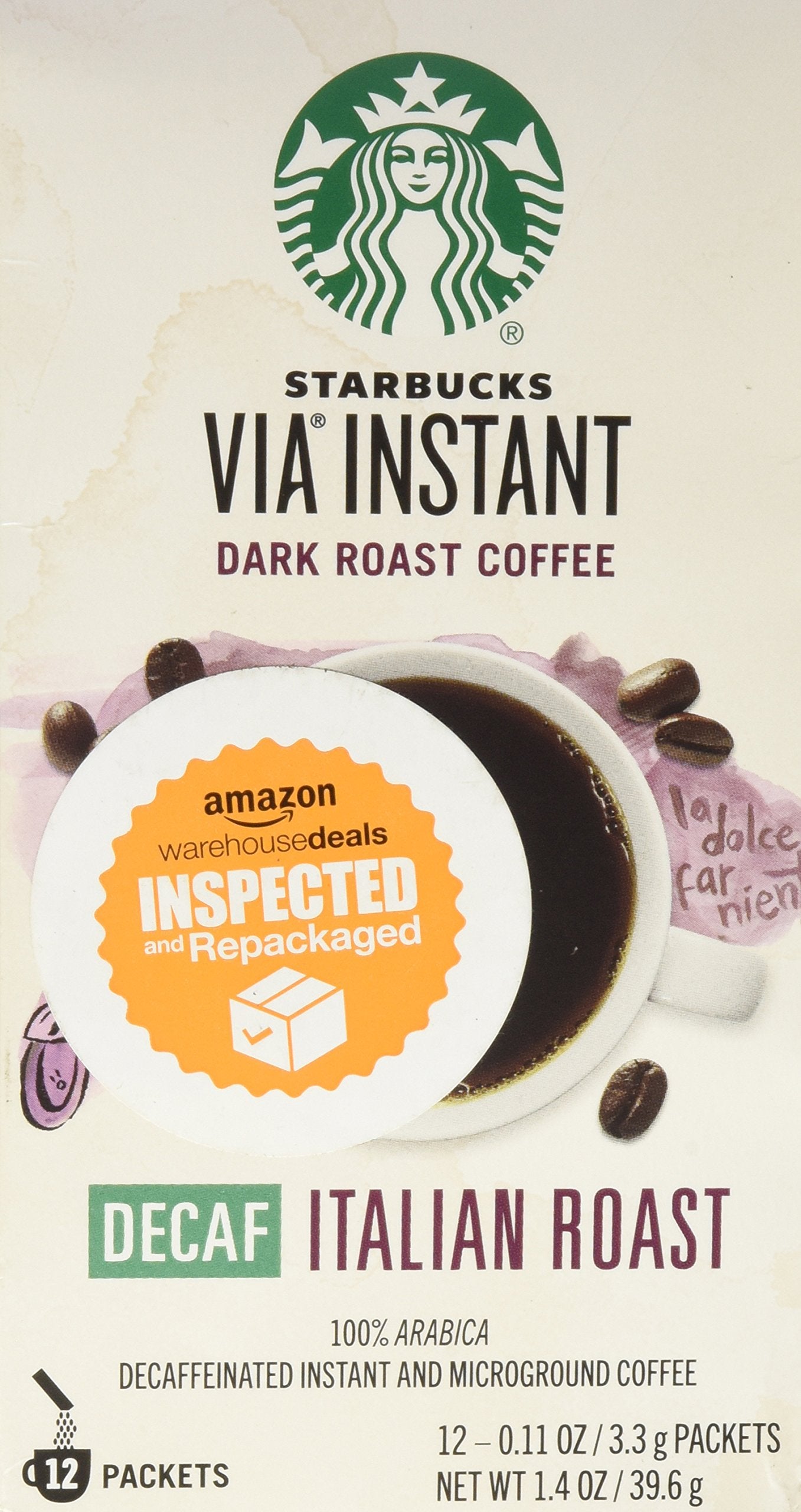 Starbucks VIA Decaf Italian Roast packaging highlights convenient serving for busy mornings