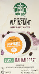 Starbucks VIA Decaf Italian Roast packaging highlights convenient serving for busy mornings