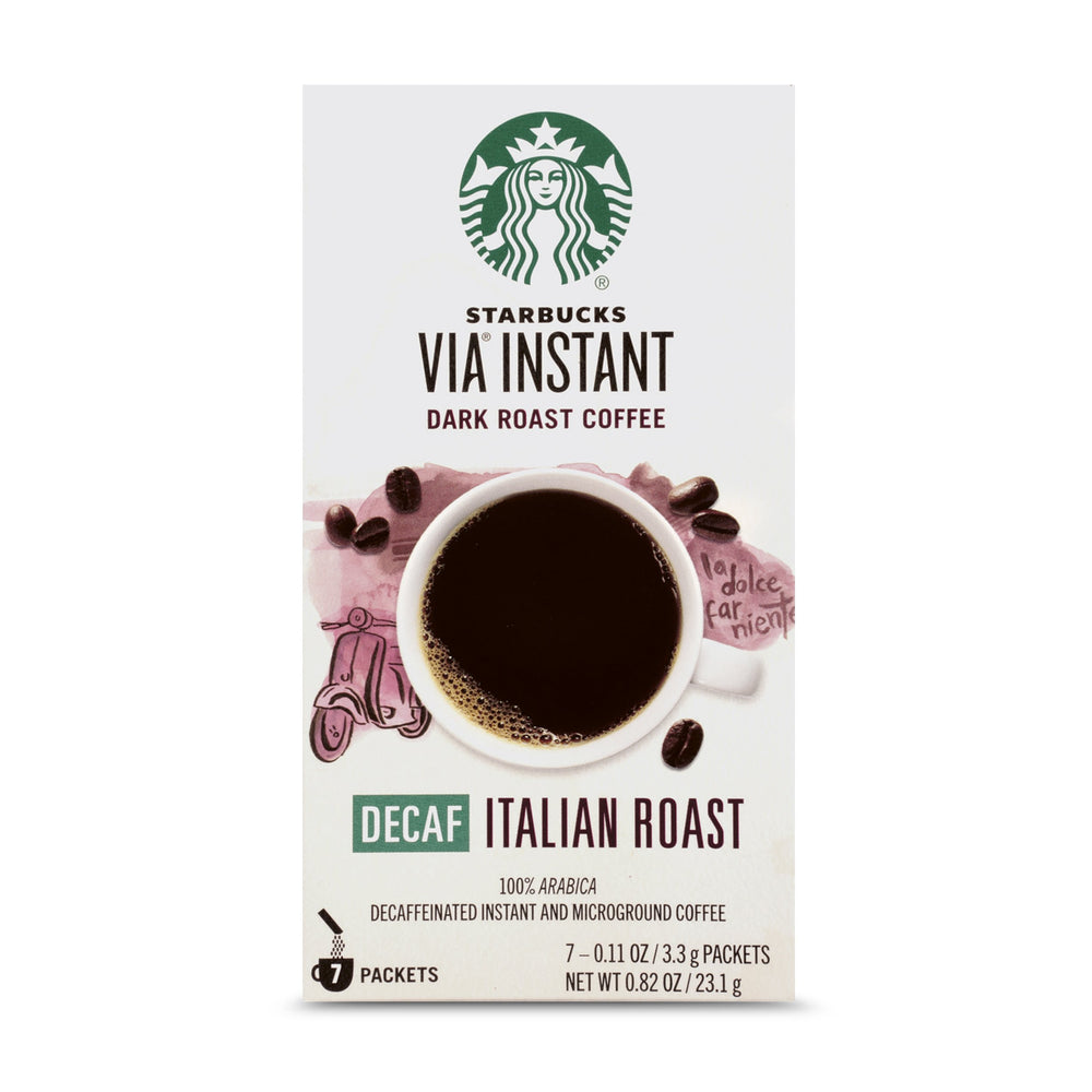 Starbucks VIA Decaf Italian Roast packets arranged for quick, on-the-go coffee.