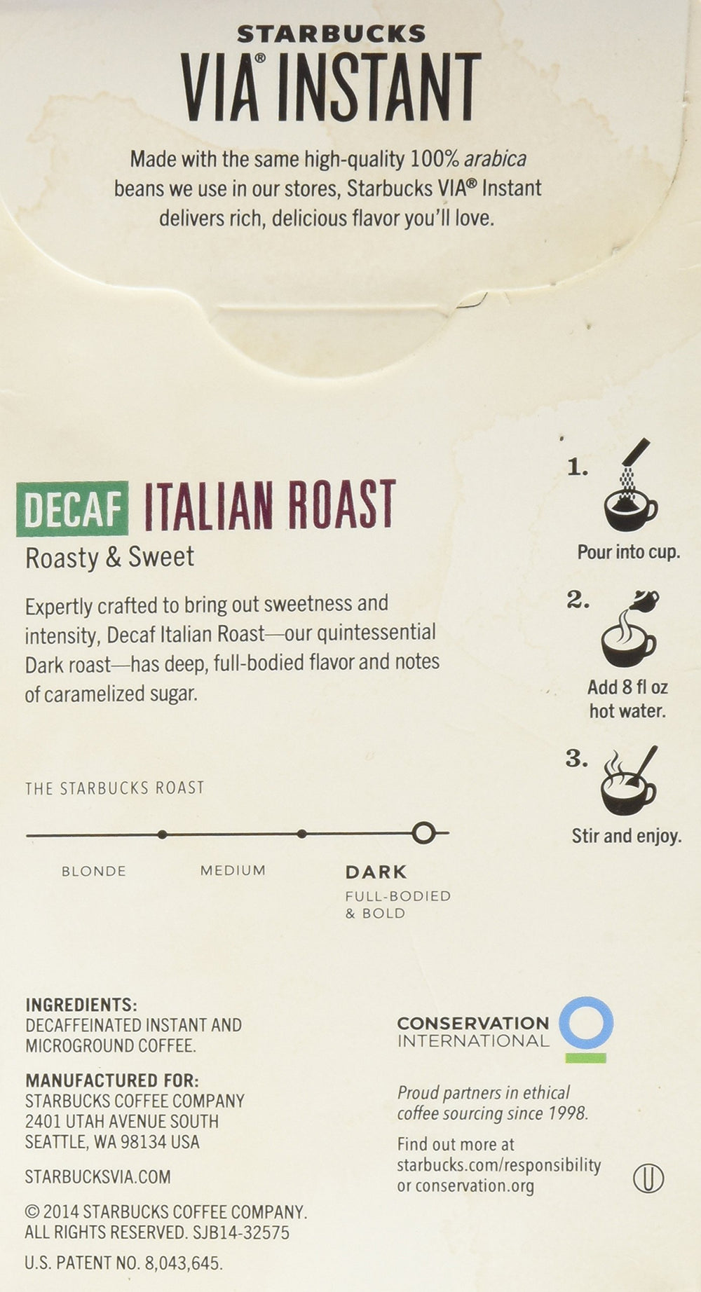 Starbucks VIA Decaf Italian Roast sachets close-up reveal portable, mess-free instant coffee